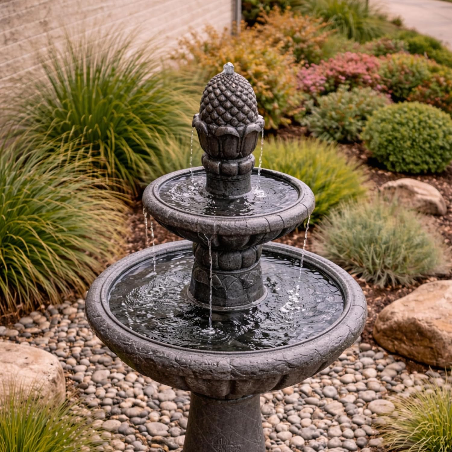 Teamson Home Deluxe Pineapple Pedestal 2 Tiered Floor Waterfall Fountain with Pump for Outdoor Patio Garden Backyard Decking, 39 Inch Height