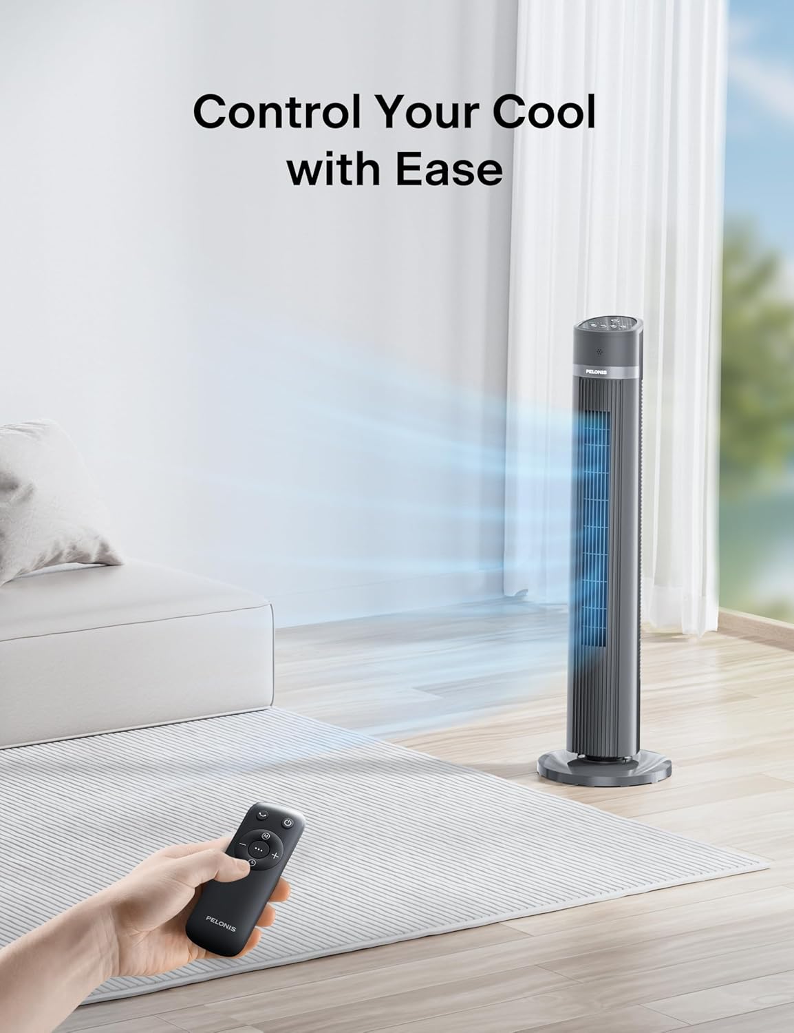 PELONIS 40-inch Bladeless Tower Fan for Bedroom, Standing Fan with Remote Control, 26ft/s, 90° Oscillation, 3 Speed Settings, 27 dB, 3 Modes