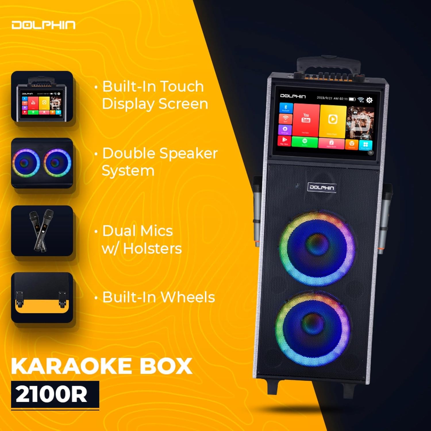Dolphin KB-2100R Karaoke Machine with 2 Wireless Mics, Dual 10" Woofers | 14" Touchscreen, Android 11.1, Bluetooth, USB, TF, FM & AUX Inputs