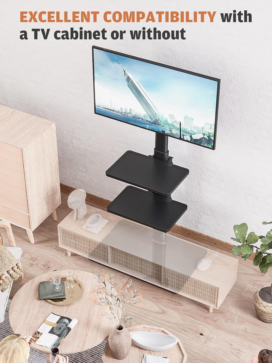 Universal TV Stand Monitor with Mount 100 Degree Swivel Height Adjustable and Tilt Function for 19 to 43 inch LCD, LED OLED TVs,Space Saving Standing Bedroom Living Room Corner,Black