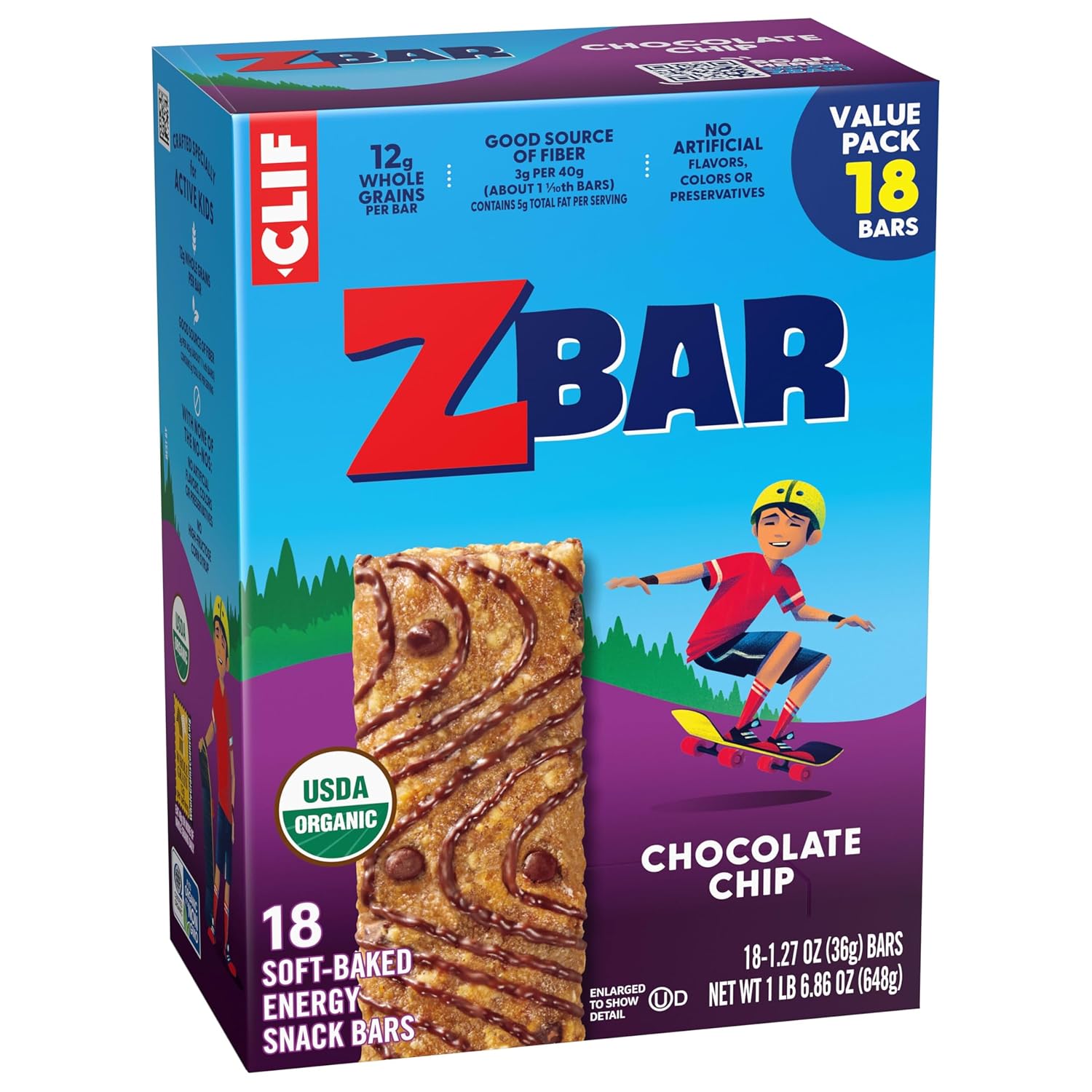 Zbar - Chocolate Chip - Soft-Baked Energy Snack Bars - Non-GMO - 12g Whole Grains - USDA Organic Granola Bars - Snacks for Kids (18 Pack)