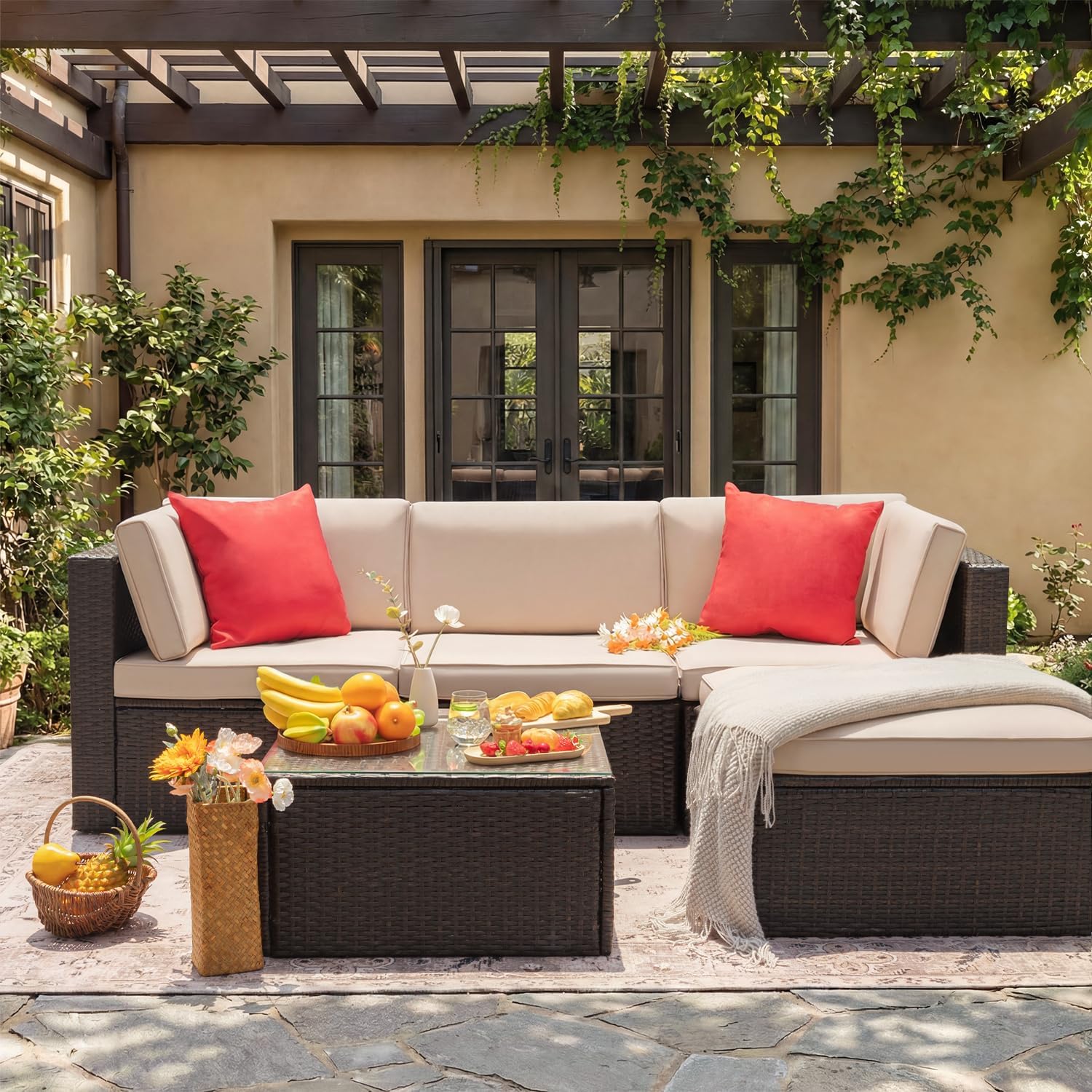 Devoko 5 Pieces Patio Furniture Sets Outdoor Sectional Patio Sofa | All Weather Manual Weaving Wicker Rattan Patio Seating Sofas with Cushion and