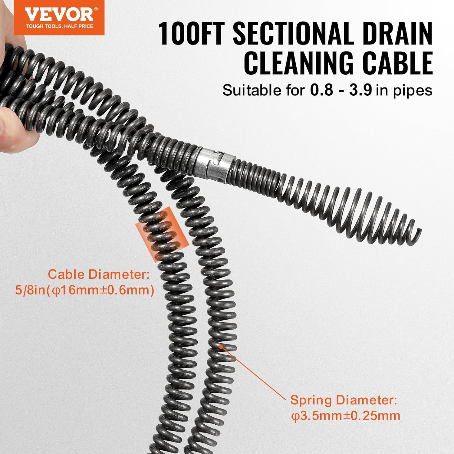 VEVOR Drain Cleaning Cable 100 FT x 5/8 Inch, Professional Sectional Drain Cleaner Cable with 7 Cutters for 0.8" to 3.9" Pipes for Hollow Core Sewer Cleaner Auger Sink, Toilet