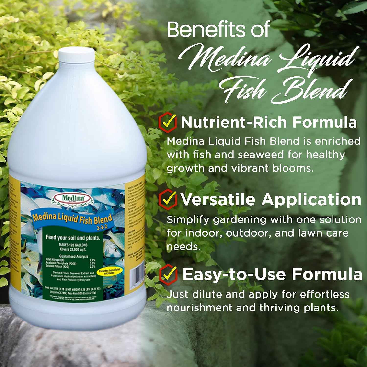Medina Liquid Fish Blend Fertilizer 2-3-2, 1 Gallon | Gro, Bloom, and Lush Gardens, Seaweed Enriched Plant Food, Vibrant Growth and Blooms, Available