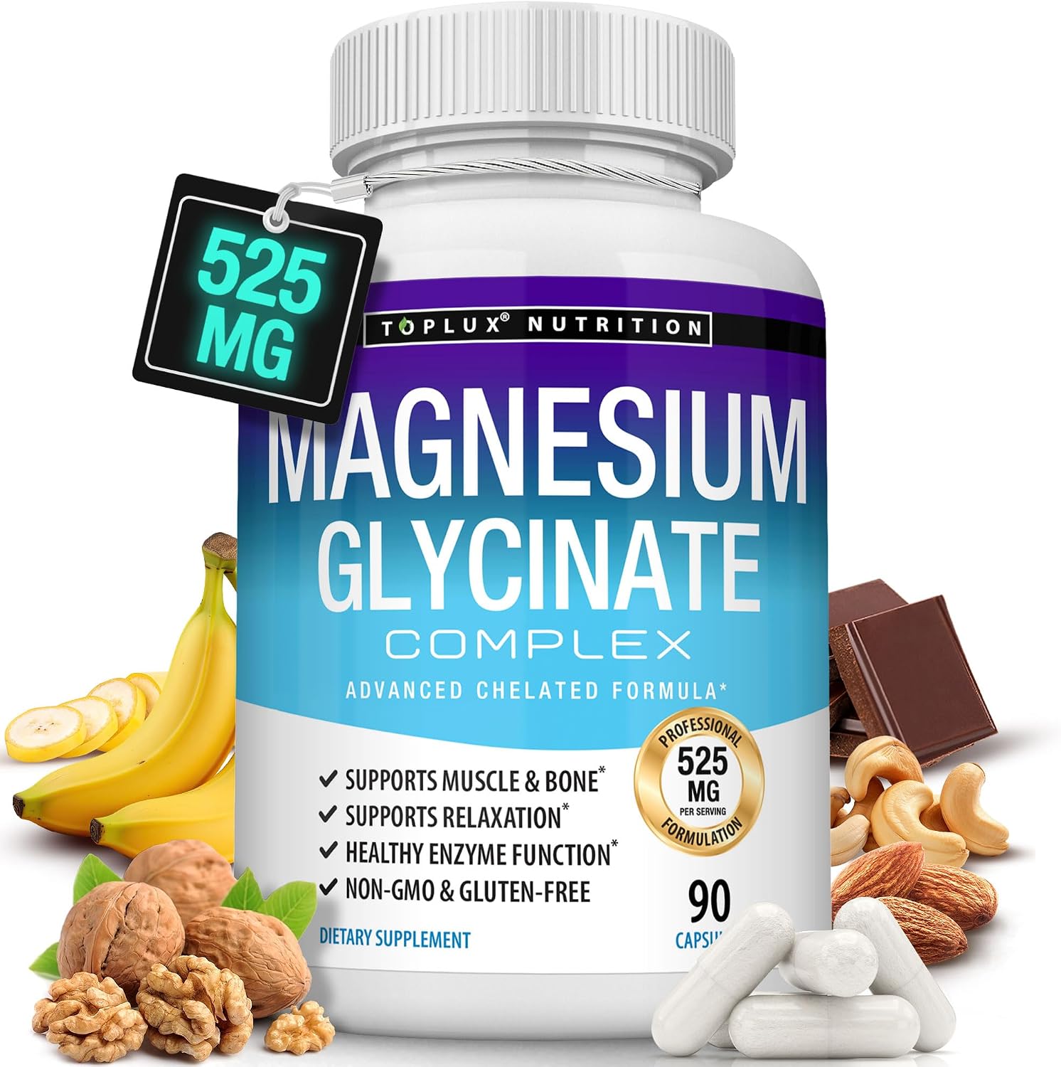 Magnesium Glycinate 525mg - High Absorption Chelated Magnesium Supplement Made with Pure Magnesium Glycinate - Supports Muscles, Sleep, Cramps