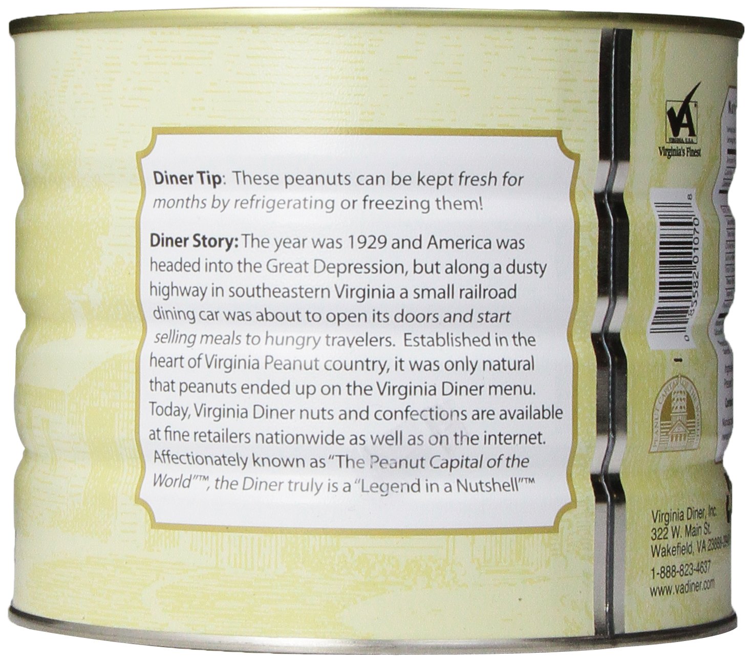 Virginia Diner Salted Virginia Peanuts - XL Gourmet Peanuts Non-GMO, Preservative Free Gifts from Virginia Since 1929-18 Oz Can