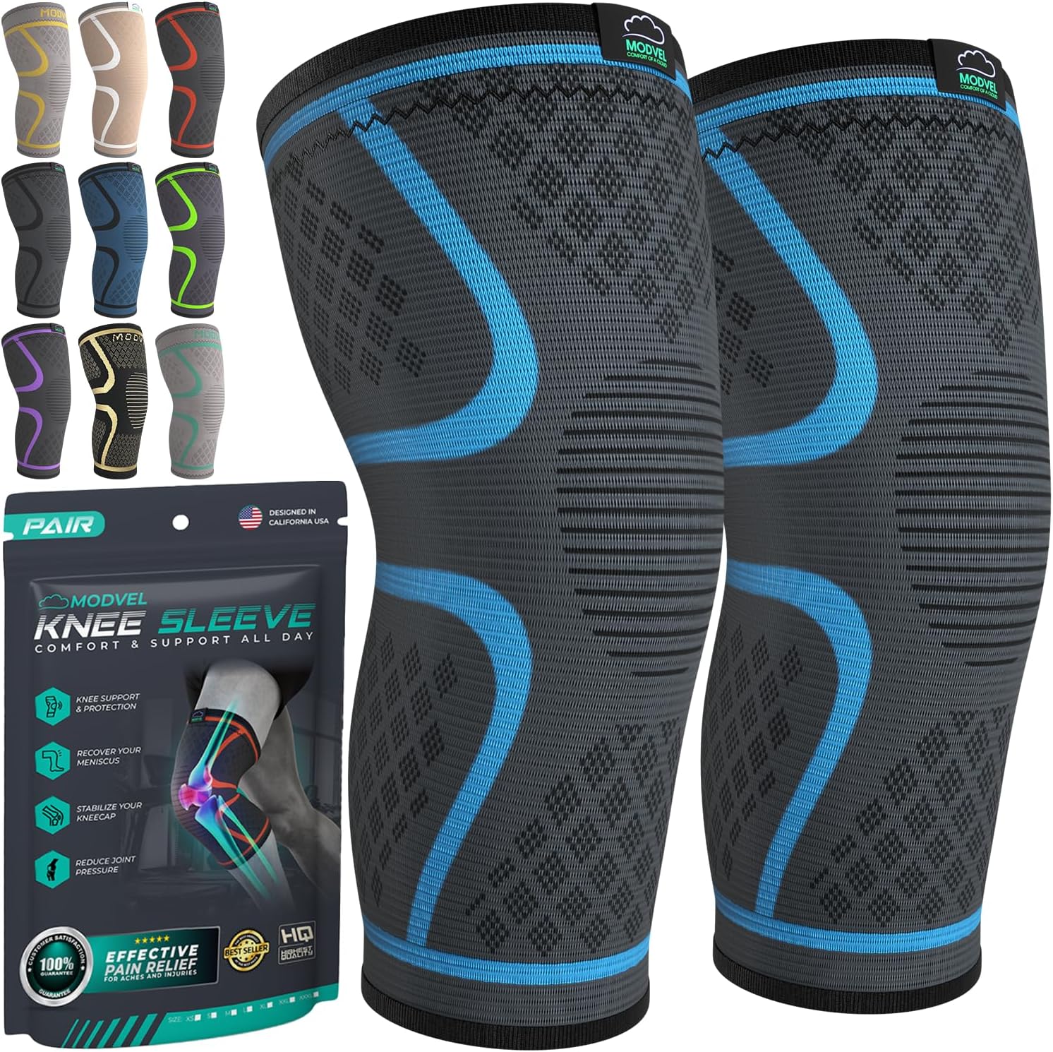 Modvel Compression Knee Brace for Women & Men - 2 Pack Knee Brace for Women Running Knee Pain, Knee Support Compression Sleeve