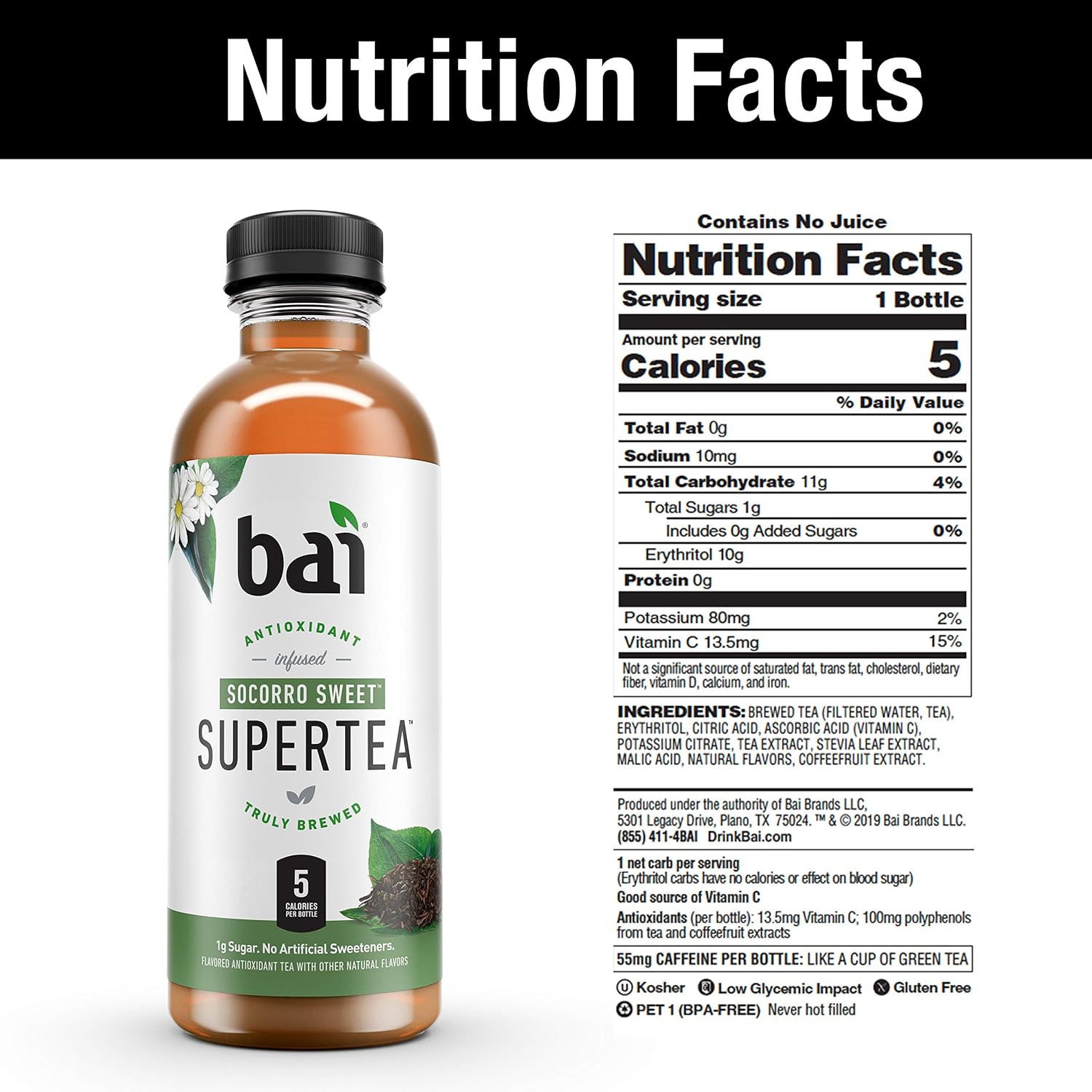 Bai Iced Tea, Narino Peach, Antioxidant Infused Supertea, Crafted with Real Tea (Black Tea, White Tea), 18 Fluid Ounce Bottles, 12 count