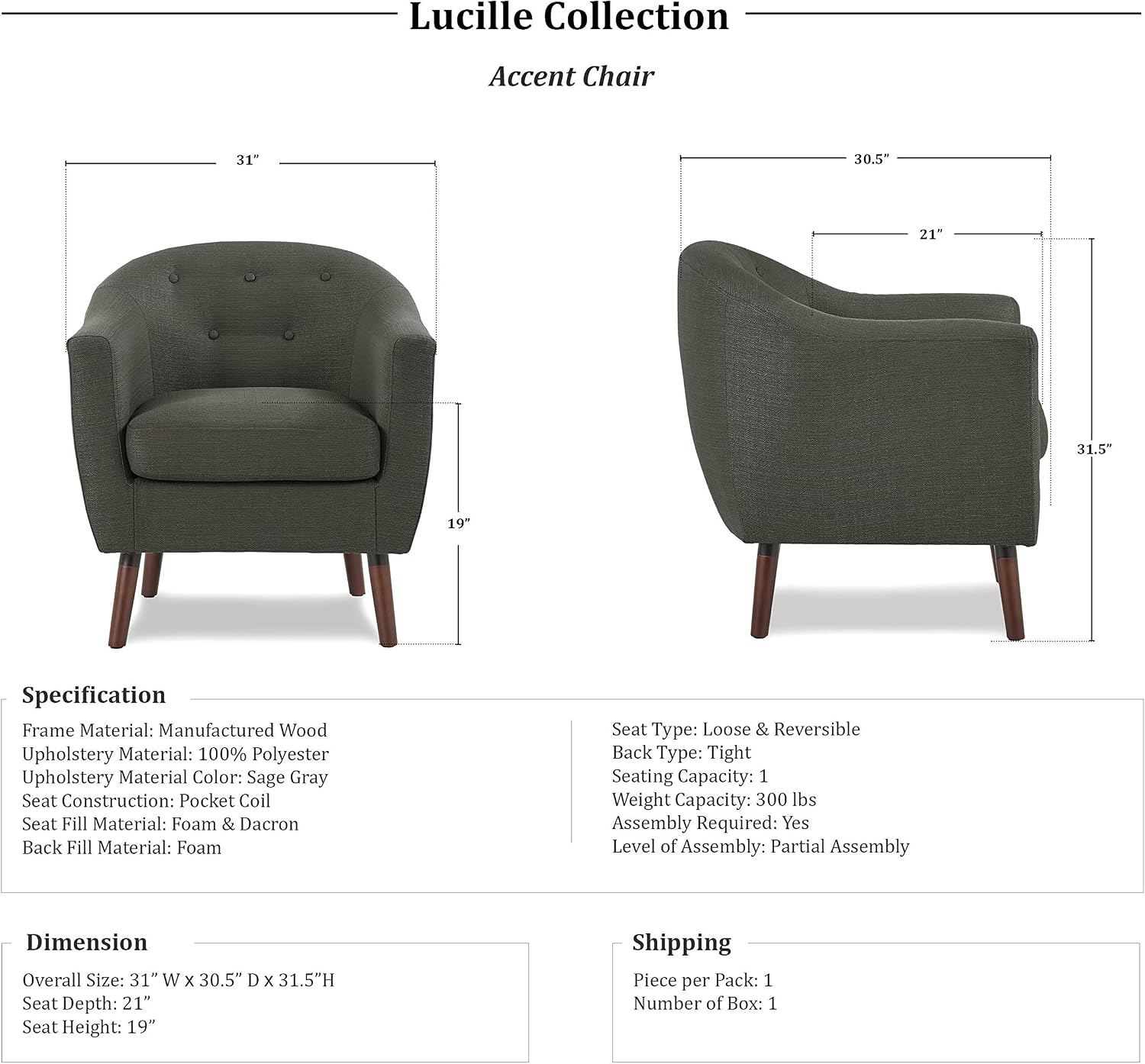 Homelegance Lucille Modern Accent Chair, Upholstered Reading Chair with Button-Tufted Back, Sloped Arms, Removable Seat Cushion Cover and Espresso Wood Legs, for Living Room, Bedroom or Office, Blue