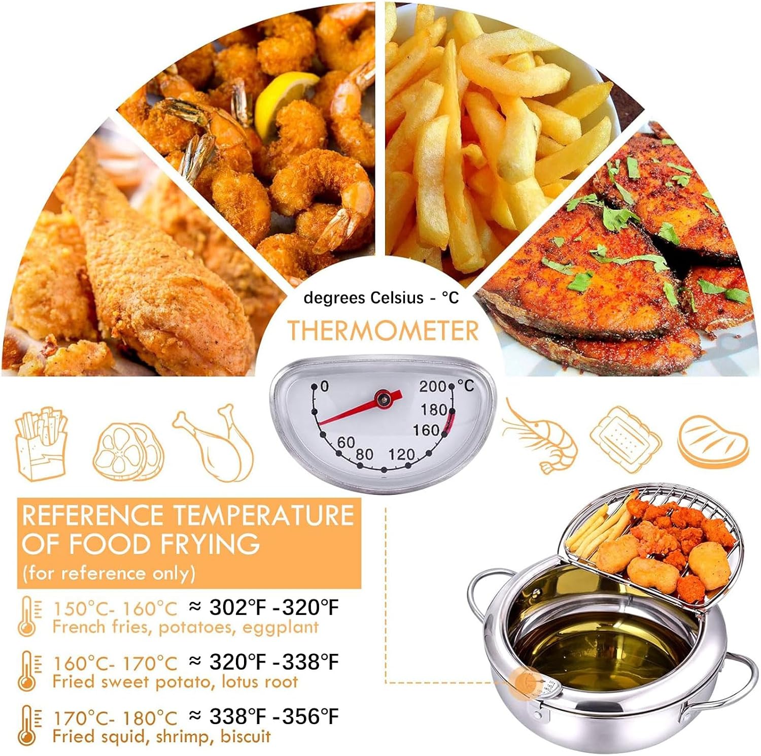 cuomaop Deep Fryer Pot, 304 Stainless Steel Japanese Frying Pot with Oil Drain, Temperature Control and Lid
