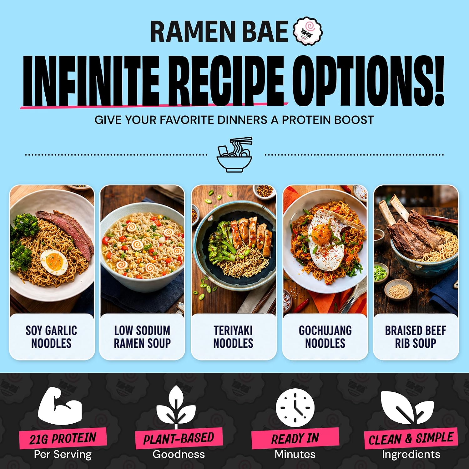 Ramen Bae Original Stir Fry Protein Noodles - 28g Protein, Garlic Soy | Air Dried Not Fried, Plant Based, Vegan Protein Noodles - Lower Carb & Fat - Savory & Bold with Hint of Spice (Pack of 6)