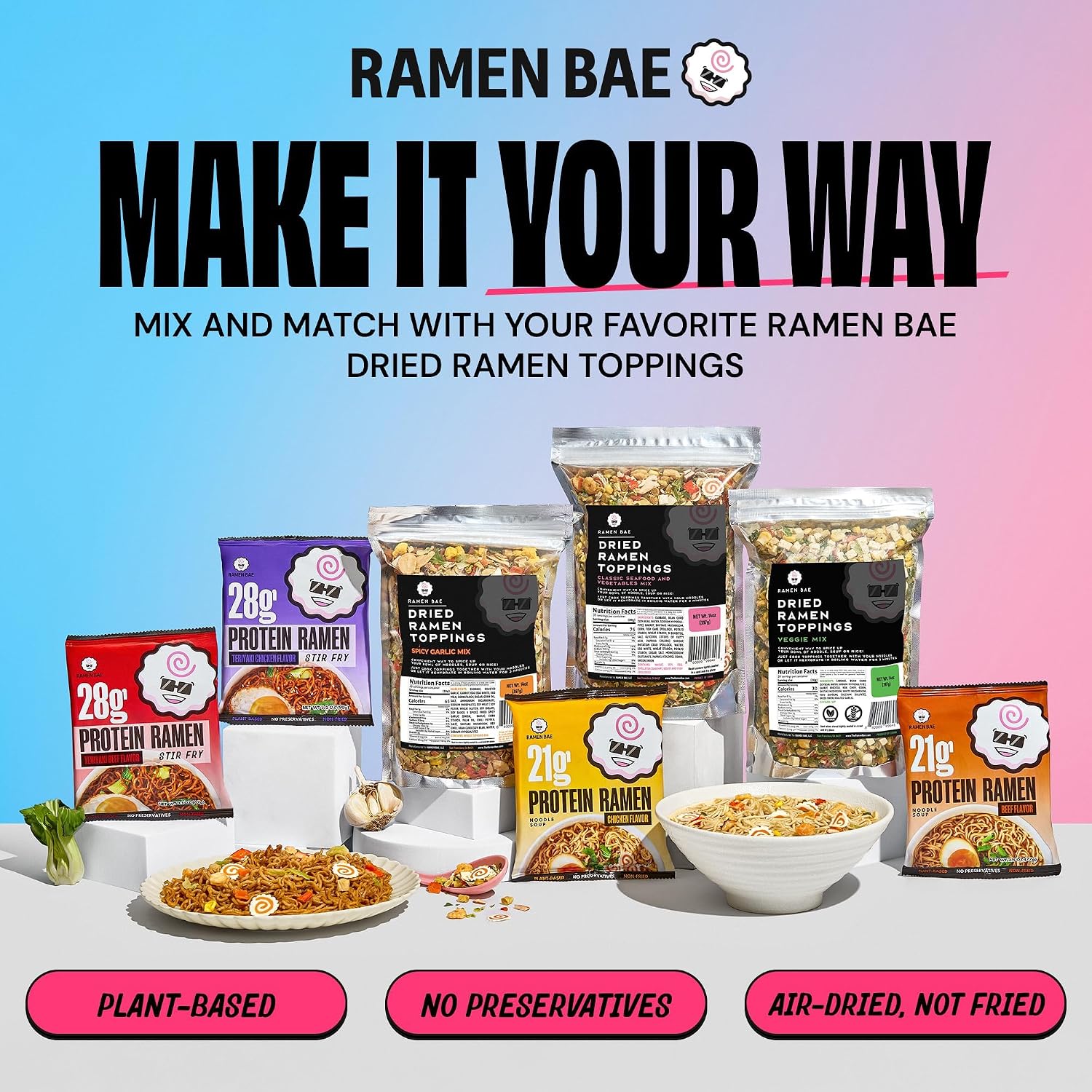 Ramen Bae Original Stir Fry Protein Noodles - 28g Protein, Garlic Soy | Air Dried Not Fried, Plant Based, Vegan Protein Noodles - Lower Carb & Fat - Savory & Bold with Hint of Spice (Pack of 6)
