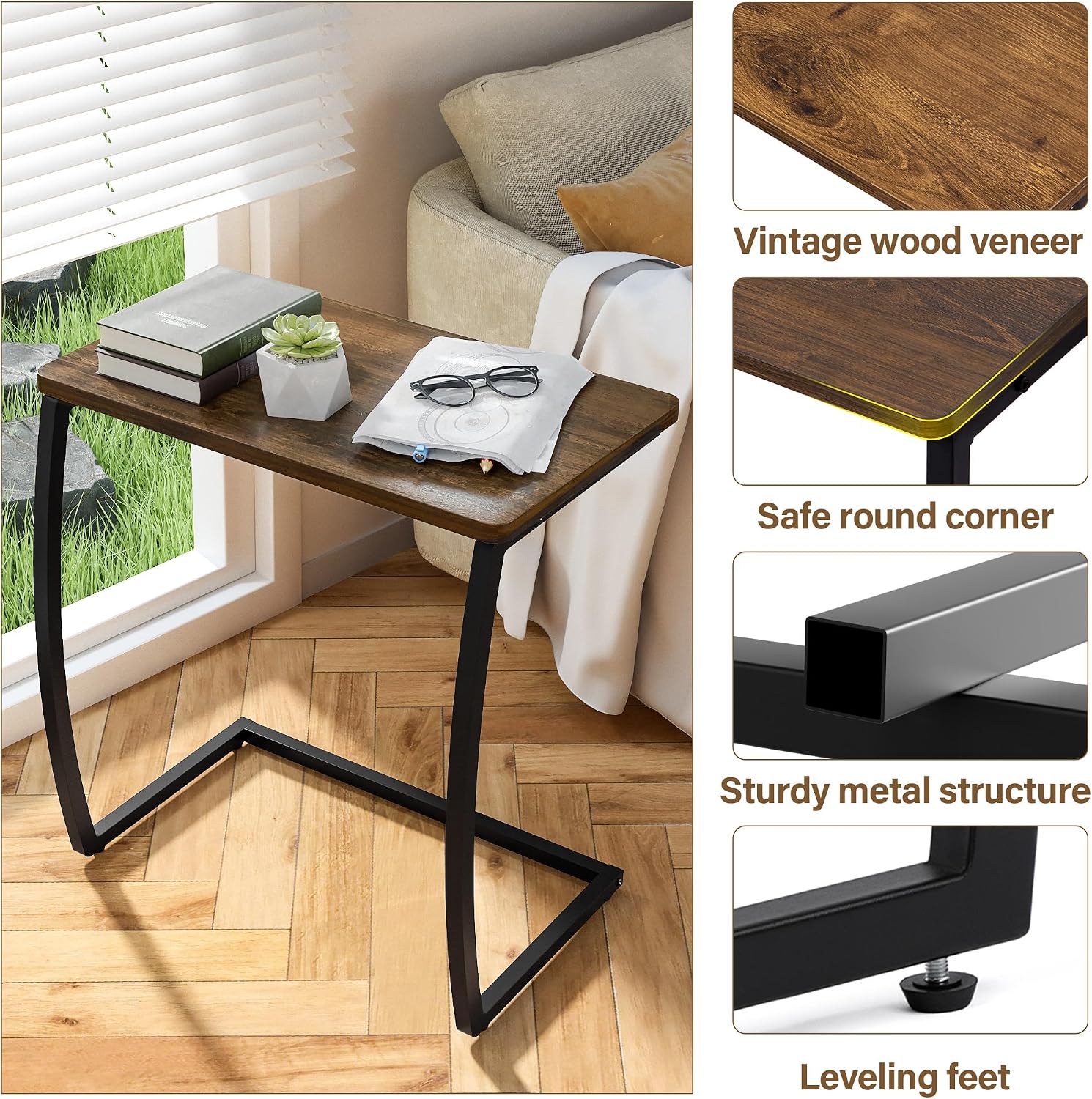 SRIWATANA Walnut C Shaped Side Table, Vintage End Table for Sofa Couch Bed