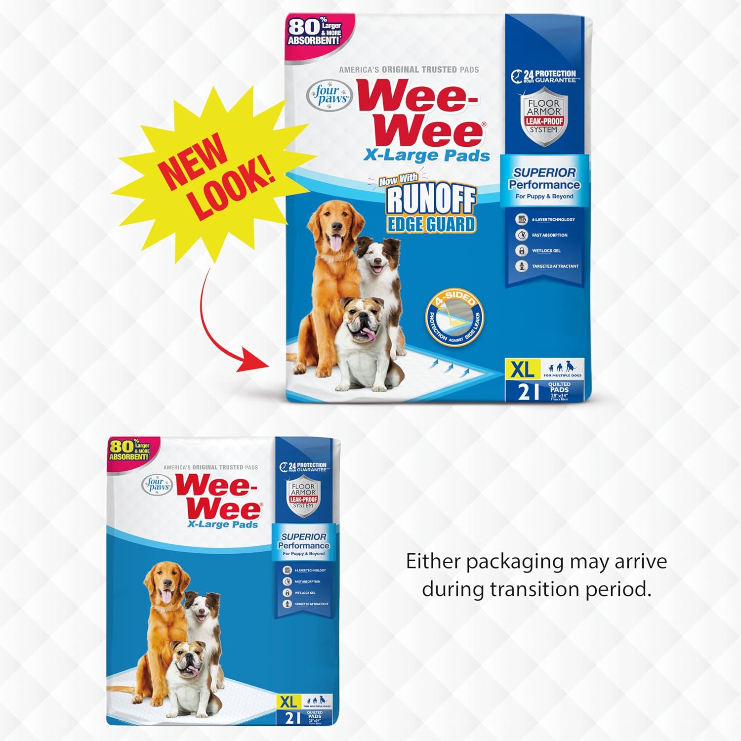 Four Paws Wee-Wee Superior Performance X-Large Dog Pee Pads, 40 Count | Puppy & dog potty training pads, housebreaking supplies, xl puppy pads, pet supplies, 24-hour floor protection, 28" x 34"