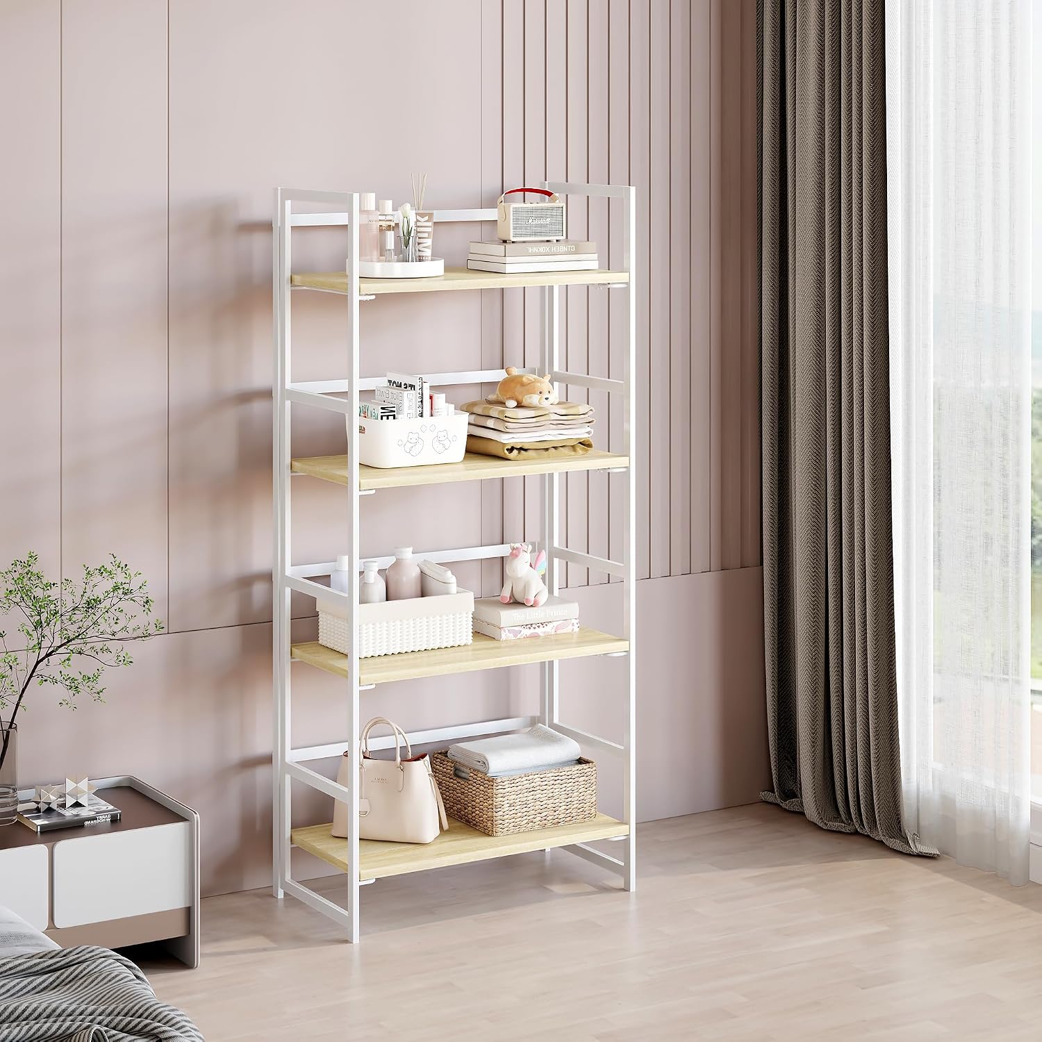Vintage Multifunctional Folding Bookshelf, No-Assembly Plant Stand Storage Rack Shelves for Home Office (Fire, 5-Tier)