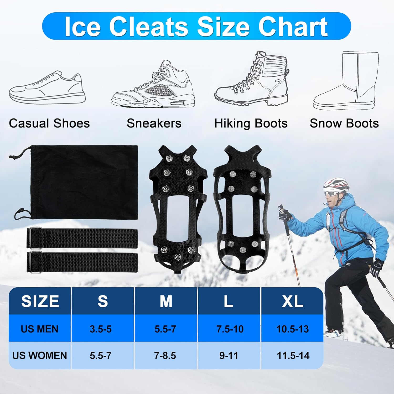 Ice Cleats for Shoes and Boots Crampons Snow Traction Cleats Anti Slip Overshoe 9 Steel Studs Shoe Grippers Slip-on Stretch Footwear for Women Men Kids Winter Hiking Climbing