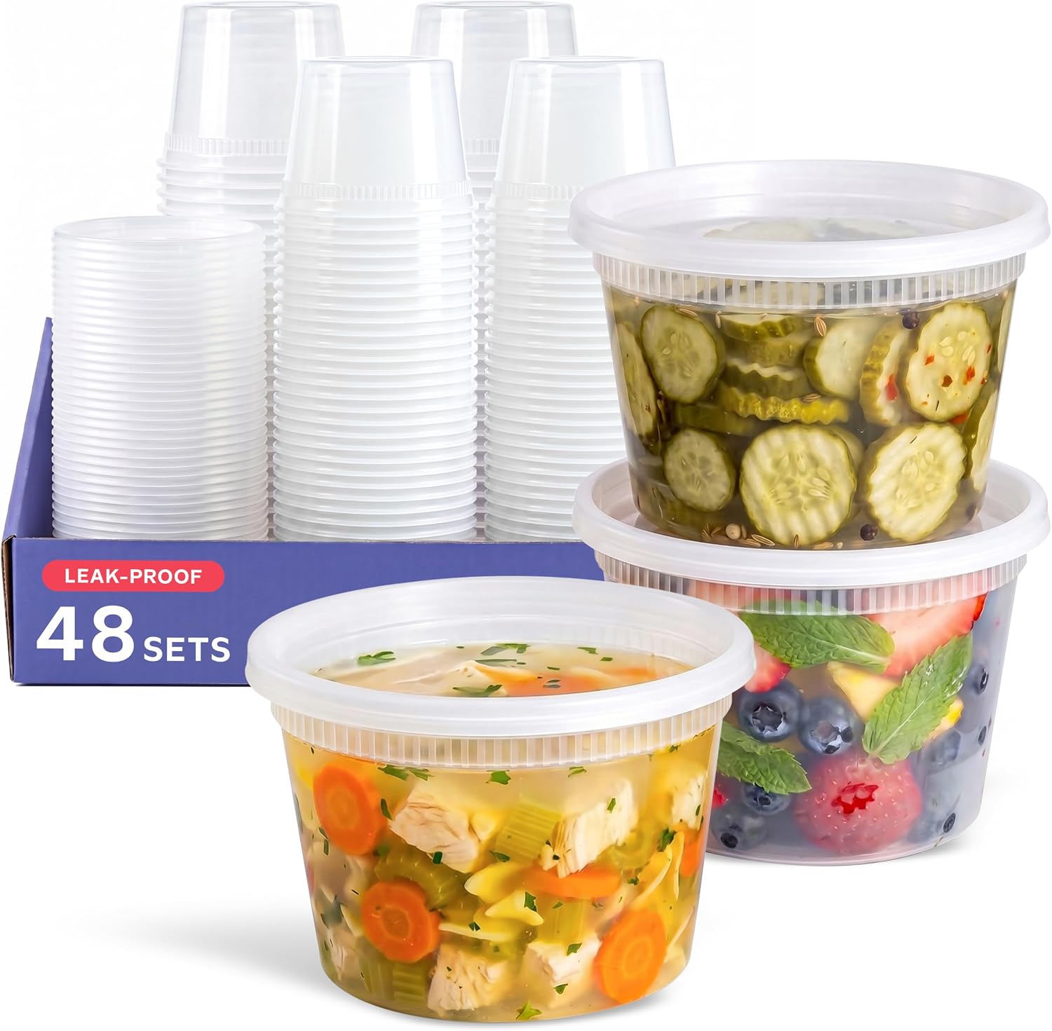 GUSTO 32 oz Plastic Deli Containers with Lids [24 Sets] Food Storage | Microwave, Dishwasher & Freezer Safe, Disposable or Reusable, BPA Free, Leak-Proof, Soups, Takeout, Meal Prep & Leftovers
