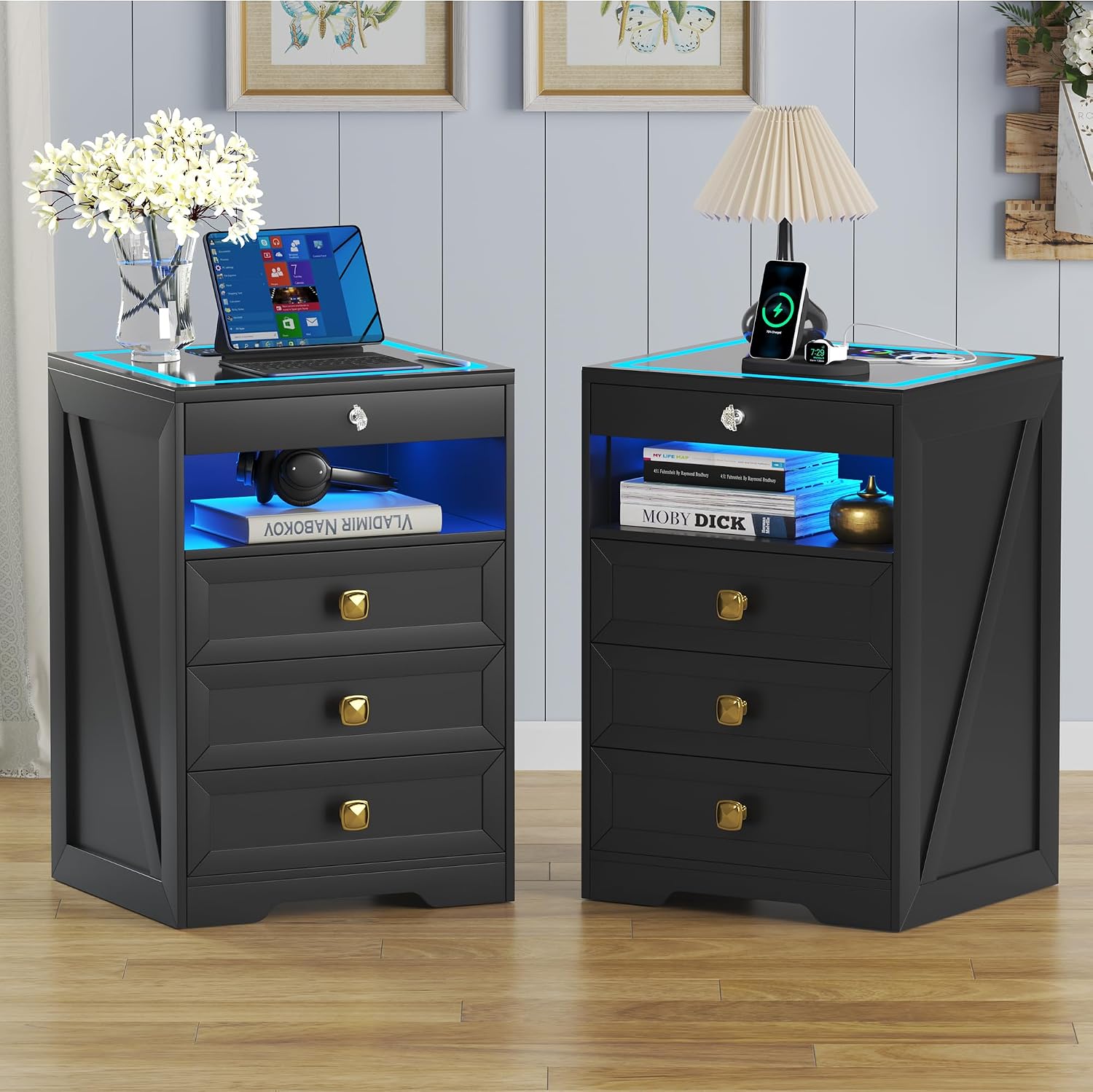 Lvifur LED Nightstand with Lockable Gun Drawer and Human Sensor, Black | USB & Type-C Charging Station, 3 Dimmable Lights, Adjustable Brightness, 3 Drawers, Farmhouse Style, Human Body Induction
