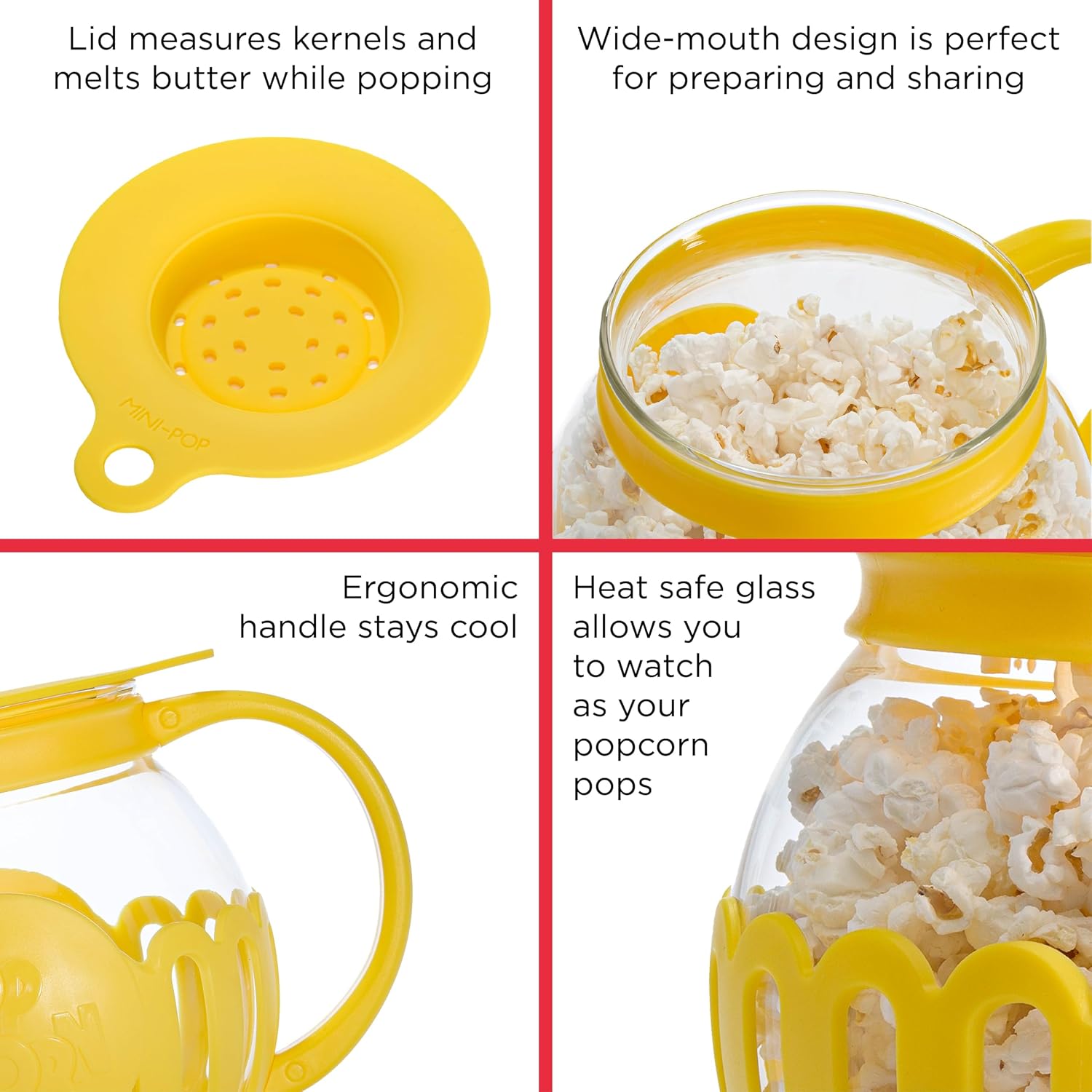 Ecolution Patented Micro-Pop Microwave Popcorn Popper with Temperature Safe Glass, 3-in-1 Lid Measures Kernels and Melts Butter, Made Without BPA, Dishwasher Safe, 3-Quart, Red