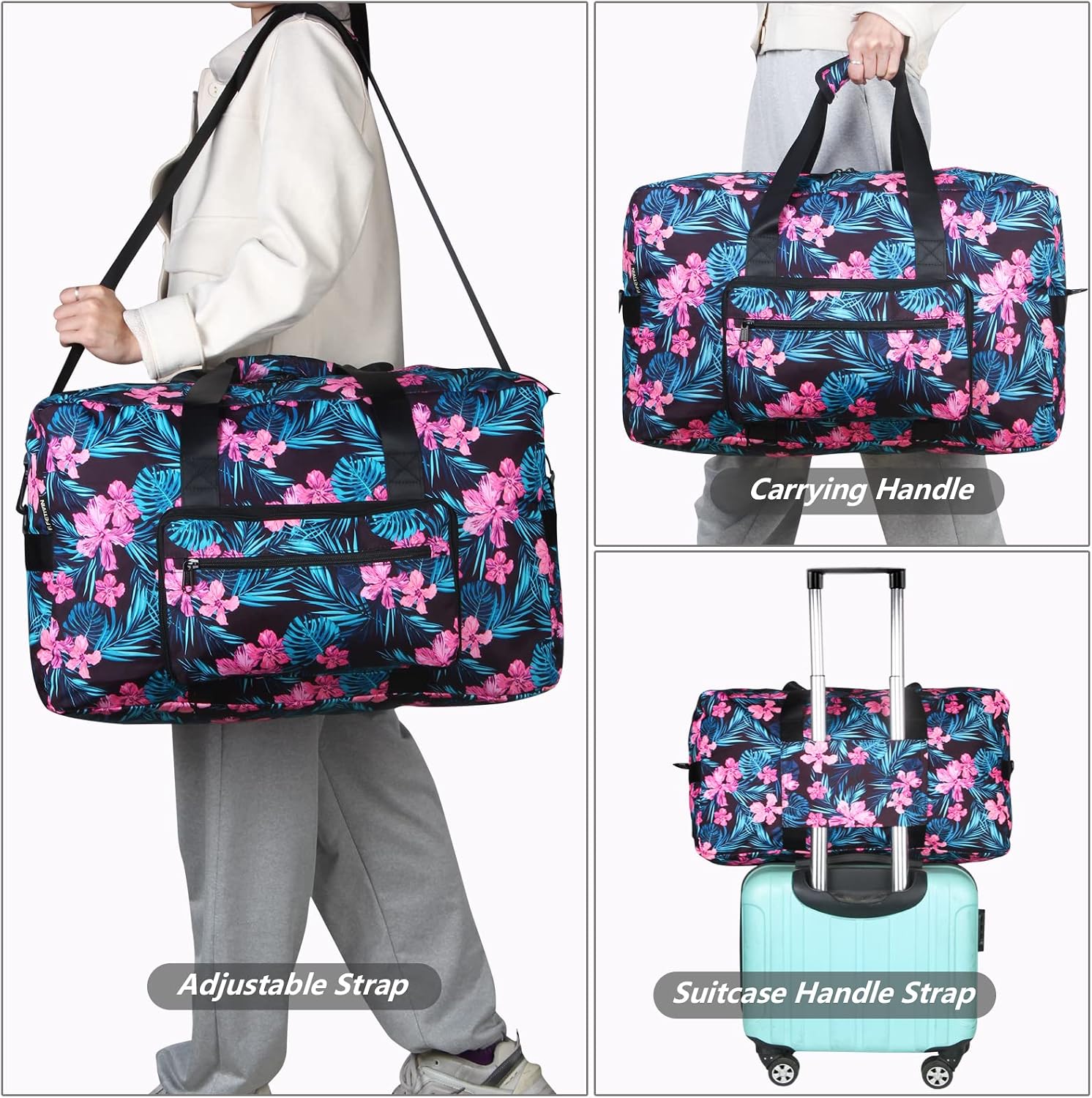 Travel Foldable Waterproof Duffel Bag - Lightweight Carry on Luggage Tote Duffel Bag(Black Floral)