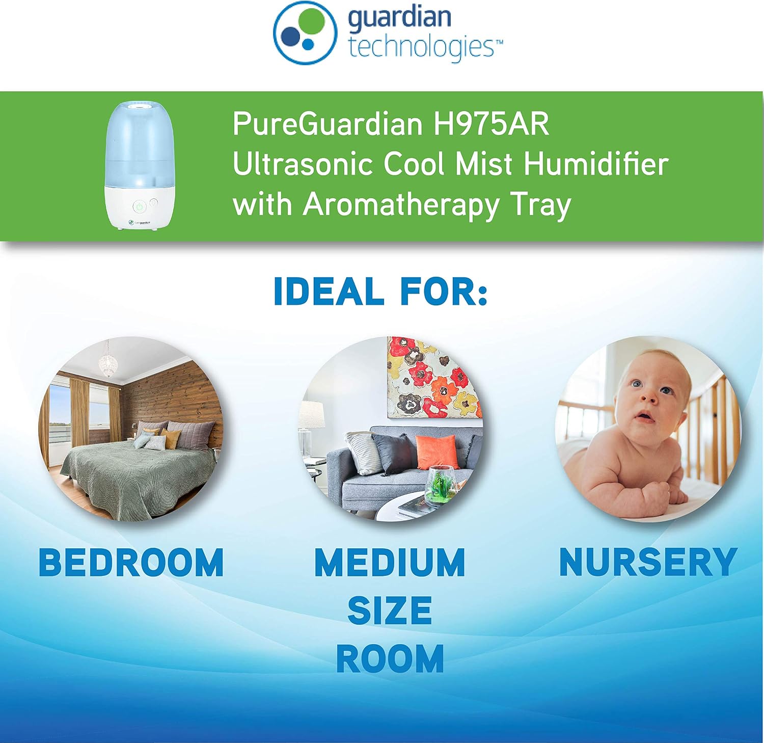 PureGuardian Ultrasonic Cool Mist Humidifier with Aromatherapy Tray, 70-Hour Run Time, 1-Gallon Tank Capacity, 320 Sq. Ft. Coverage for Small Rooms