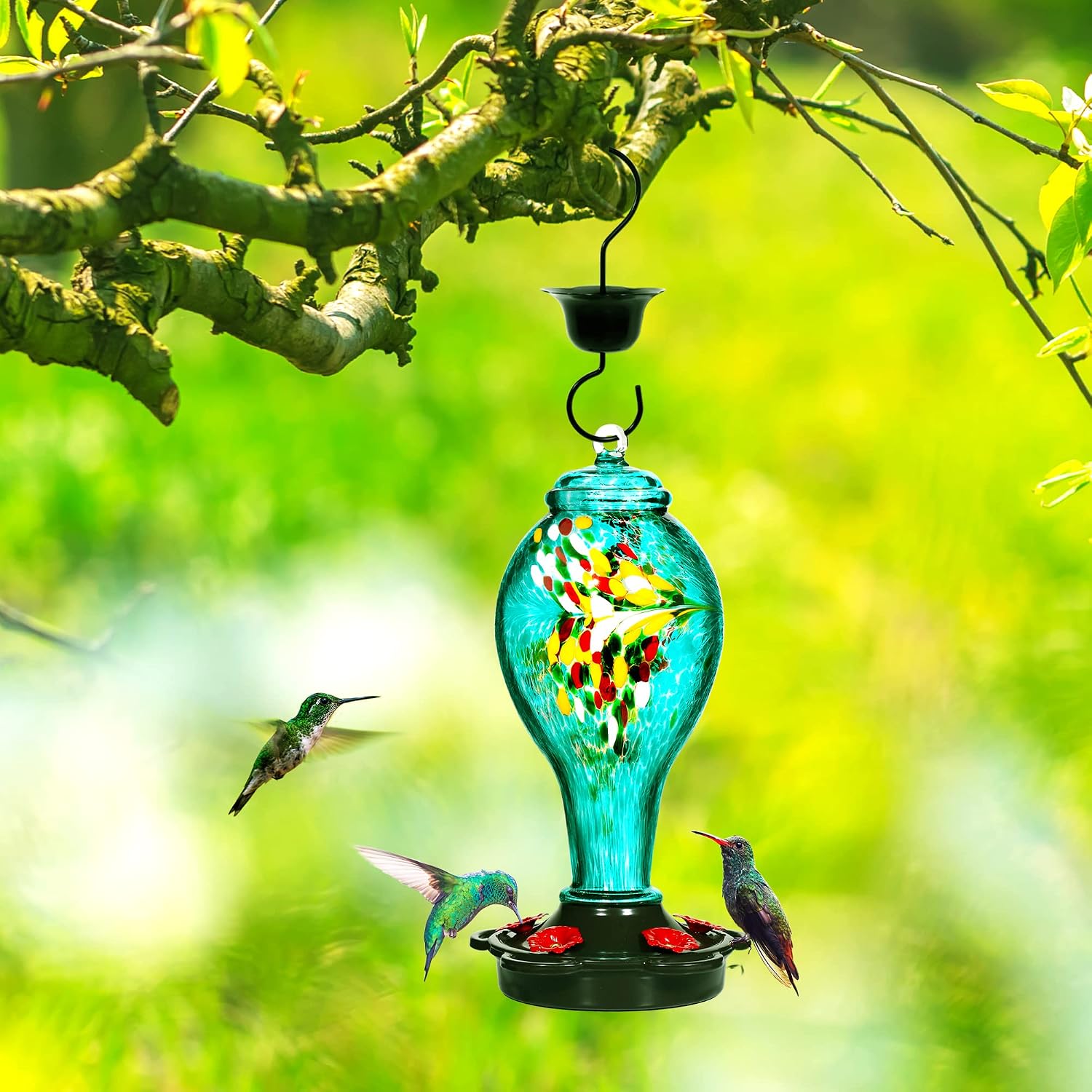 LUJII Hummingbird Feeder, Hand Blown Glass Hummingbird Feeder, Never Fade, 36 Fluid Ounces, 5 Feeding Metal Stations, Much Bigger, Garden Backyard Decorative, Containing Ant Moat (Blue)
