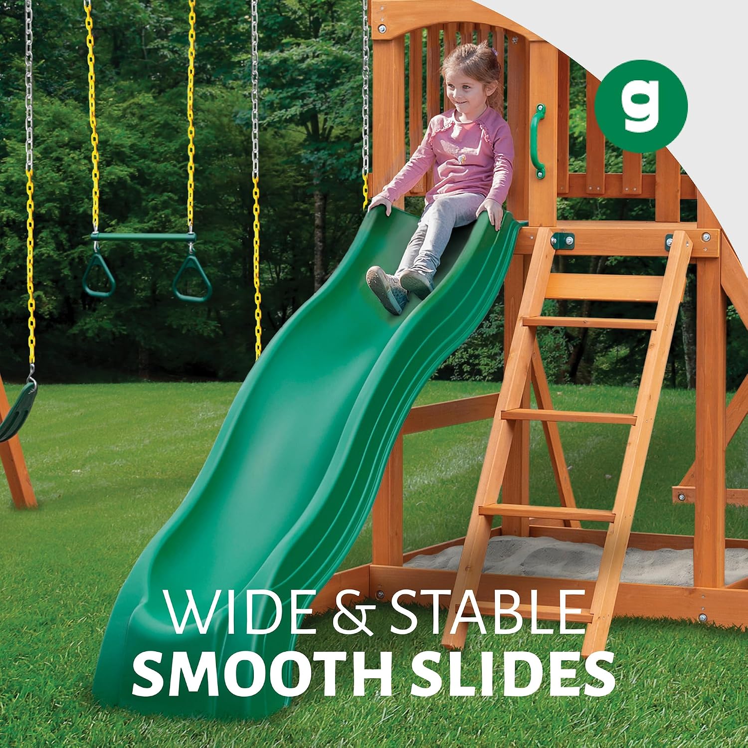Gorilla Playsets 01-1037-AP Treasure Trove Treehouse Wood Swing Set with Tube Slide, Built-in Sandbox Area, and Clatter Bridge, Amber