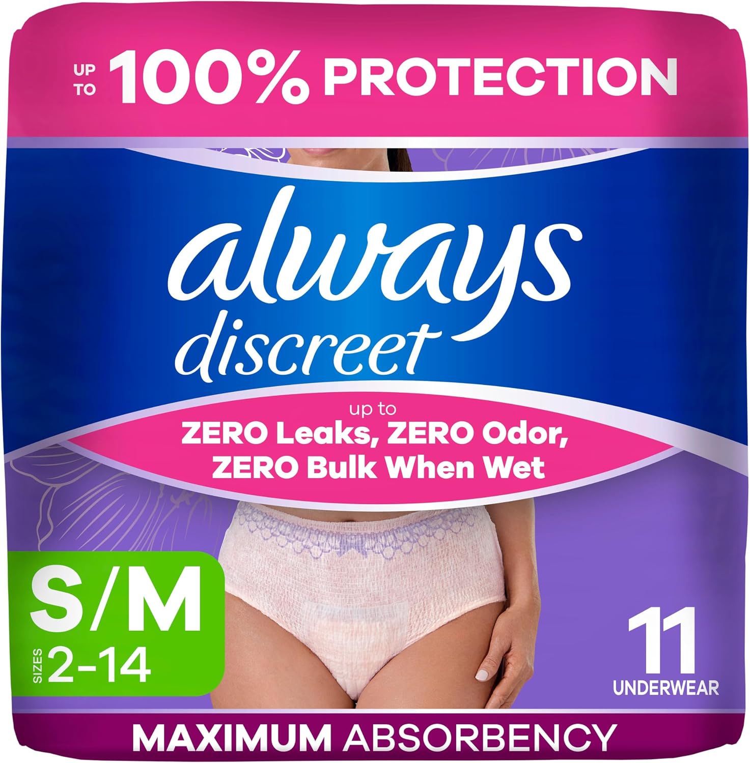 Always Discreet Adult Diapers for Women, Incontinence Underwear, Postpartum Essentials, Disposable Briefs, Max Absorbency, Bladder Leak Protection, Small/Medium, 32ct