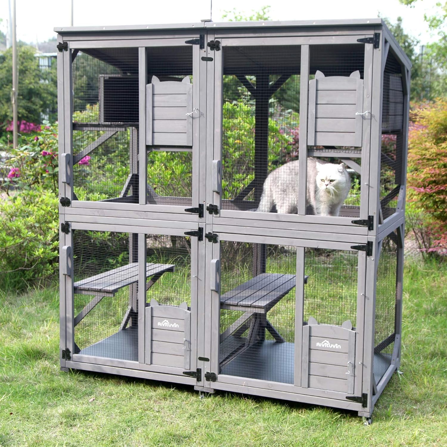 Aivituvin Cat House Outdoor Cat Catio Wooden Large Enclosure with Run on Wheels 70.9" Upgraded Version Catio with Reinforcement Strip
