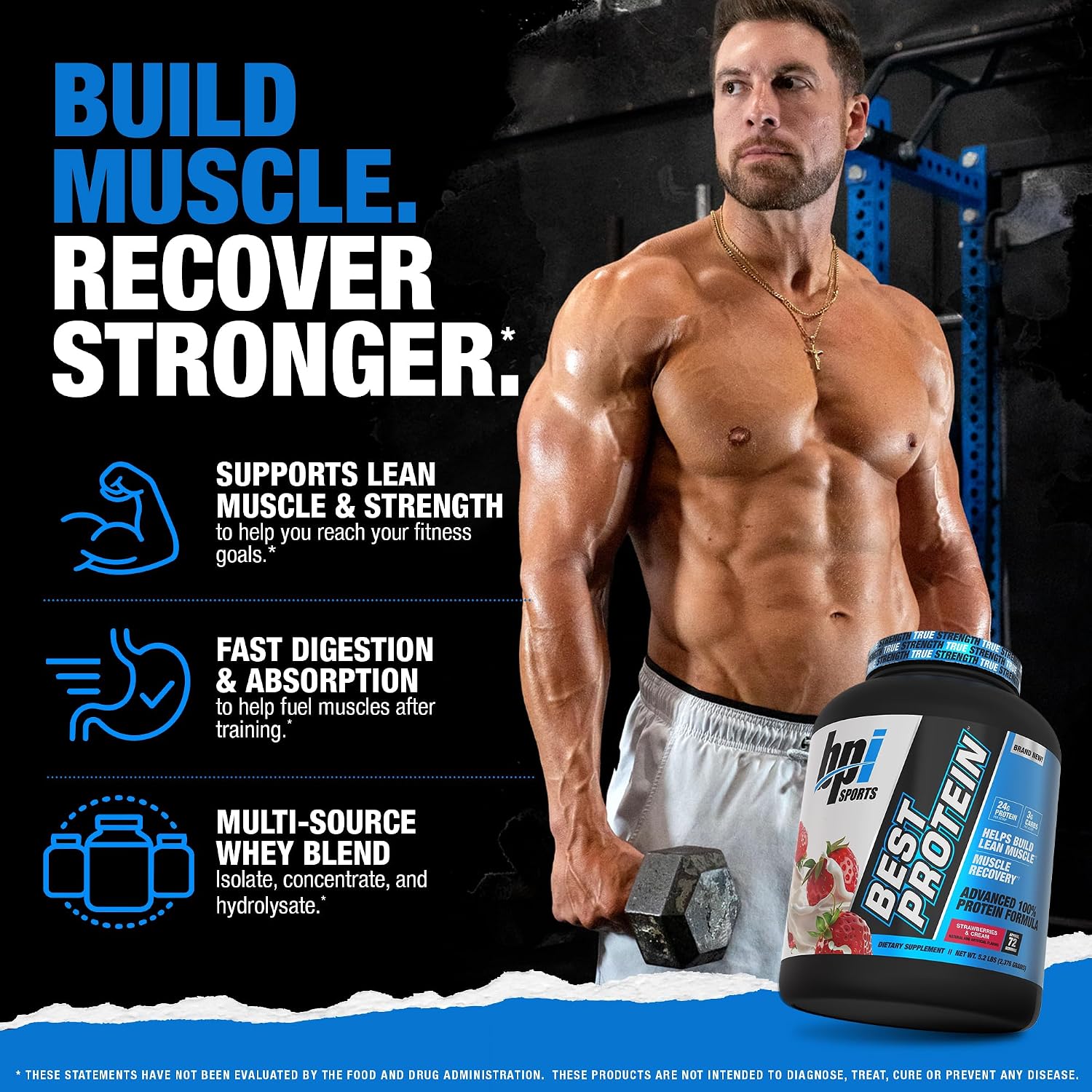 BPI Sports Best Protein – 100% Whey Protein Powder – Muscle Growth, Recovery, Meal Replacement – No Maltodextrin, No Fillers, Gluten Free – for Men & Women | Strawberries and Cream – 5.2 Pounds