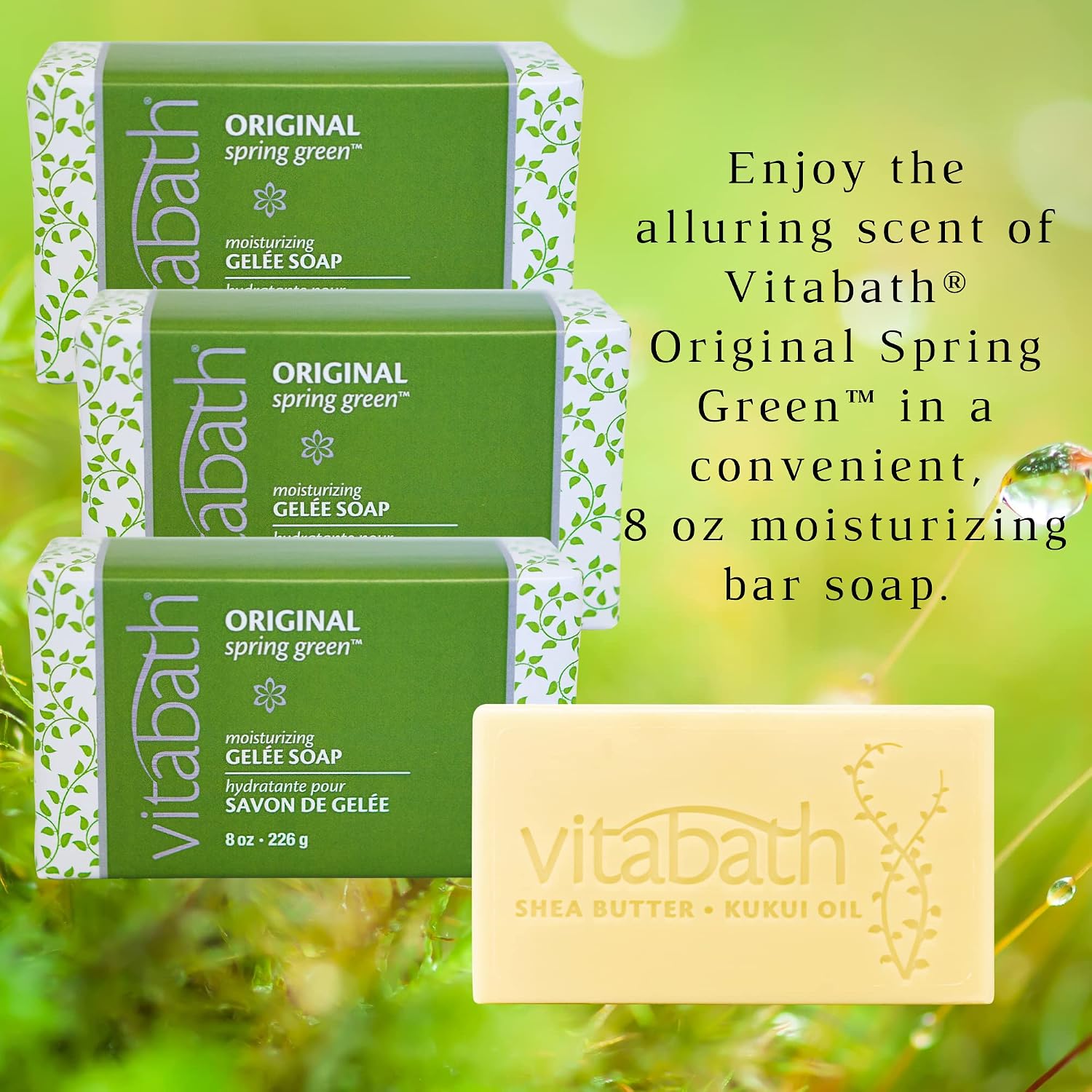 Vitabath Original Spring Green Moisturizing Gelee Bar Soap All Over Gentle Foaming Cleanser & Hydrating Solid Body Wash - Nourish & Rejuvenate All