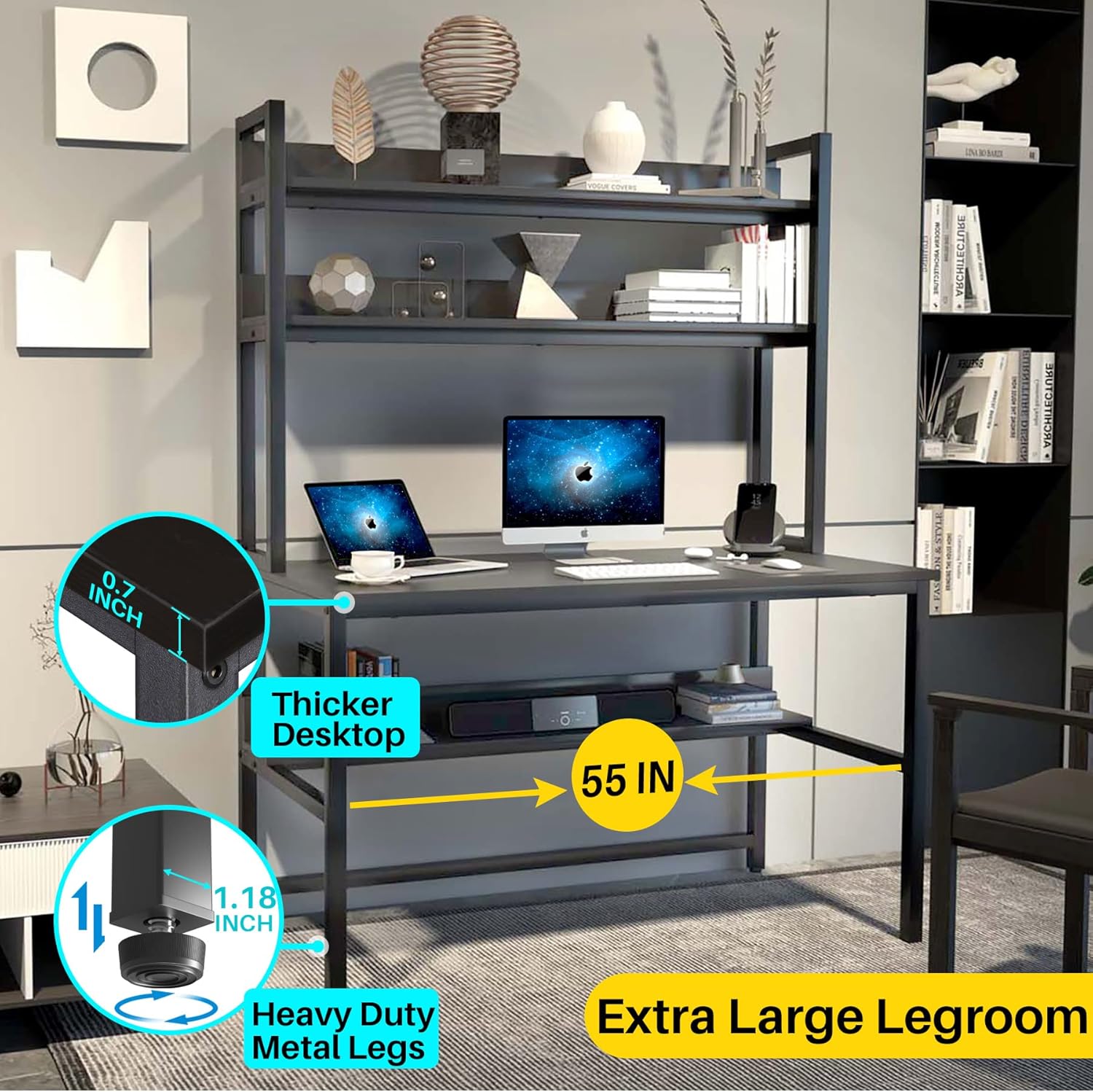 Aquzee Computer Desk with Shelves, 47" W x 23.6" D Gaming Desk with Hutch and Bookshelf