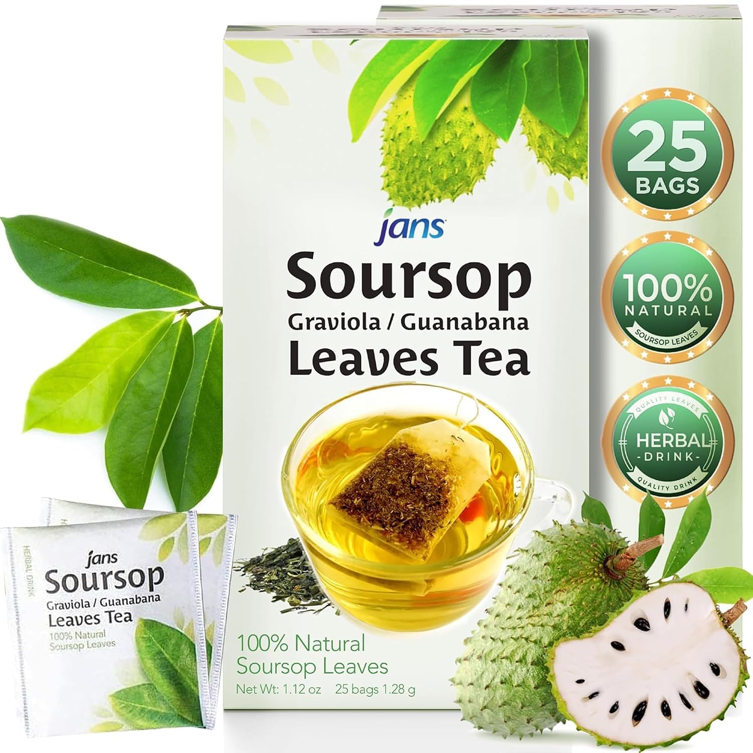 Jans Soursop Tea Bags 25 Count | 100% Natural Soursop Leaves | Caffeine Free Sour Sop Tea | Vegan Herbal Tea | Individually Wrapped Tea Bags | Cholesterol Free Sugar Free Relaxation Beverage
