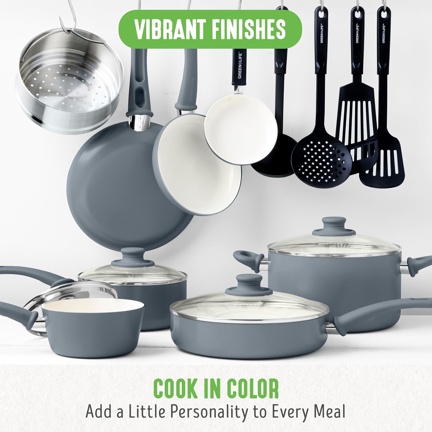 GreenLife Soft Grip Healthy Ceramic Nonstick, 15 Piece Cookware Pots and Pans Set, Induction, PFAS-Free, Dishwasher Safe, Turquoise