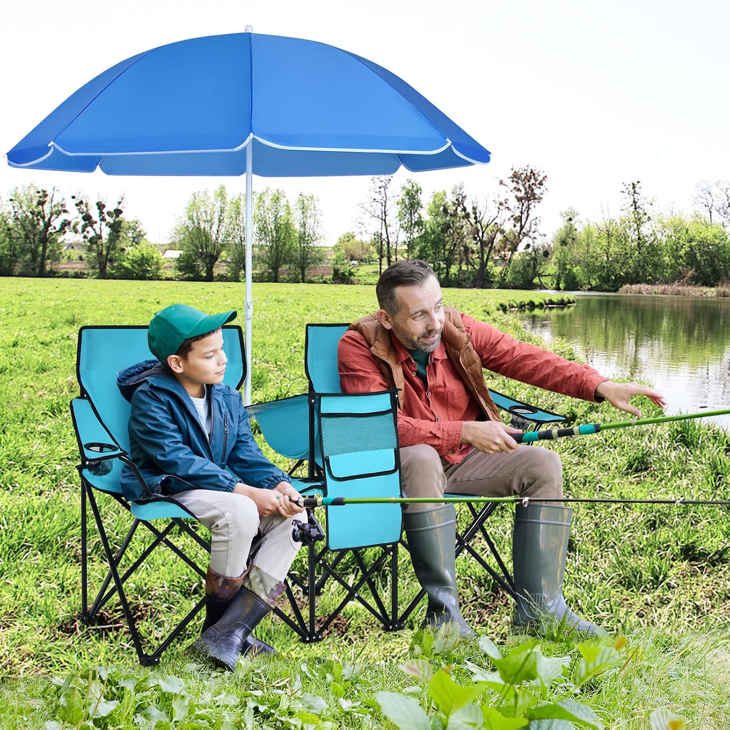 COSTWAY Double Portable Picnic Chairs, Folding Camping Chairs w/Detachable Umbrella, Cooler Bag, Cup Holders, Patio Beach Camping Chairs for Outdoors, Blue | Detachable Umbrella, Cooler Bag, Cup Holders, Patio Beach Camping Chairs for Outdoors, Blue