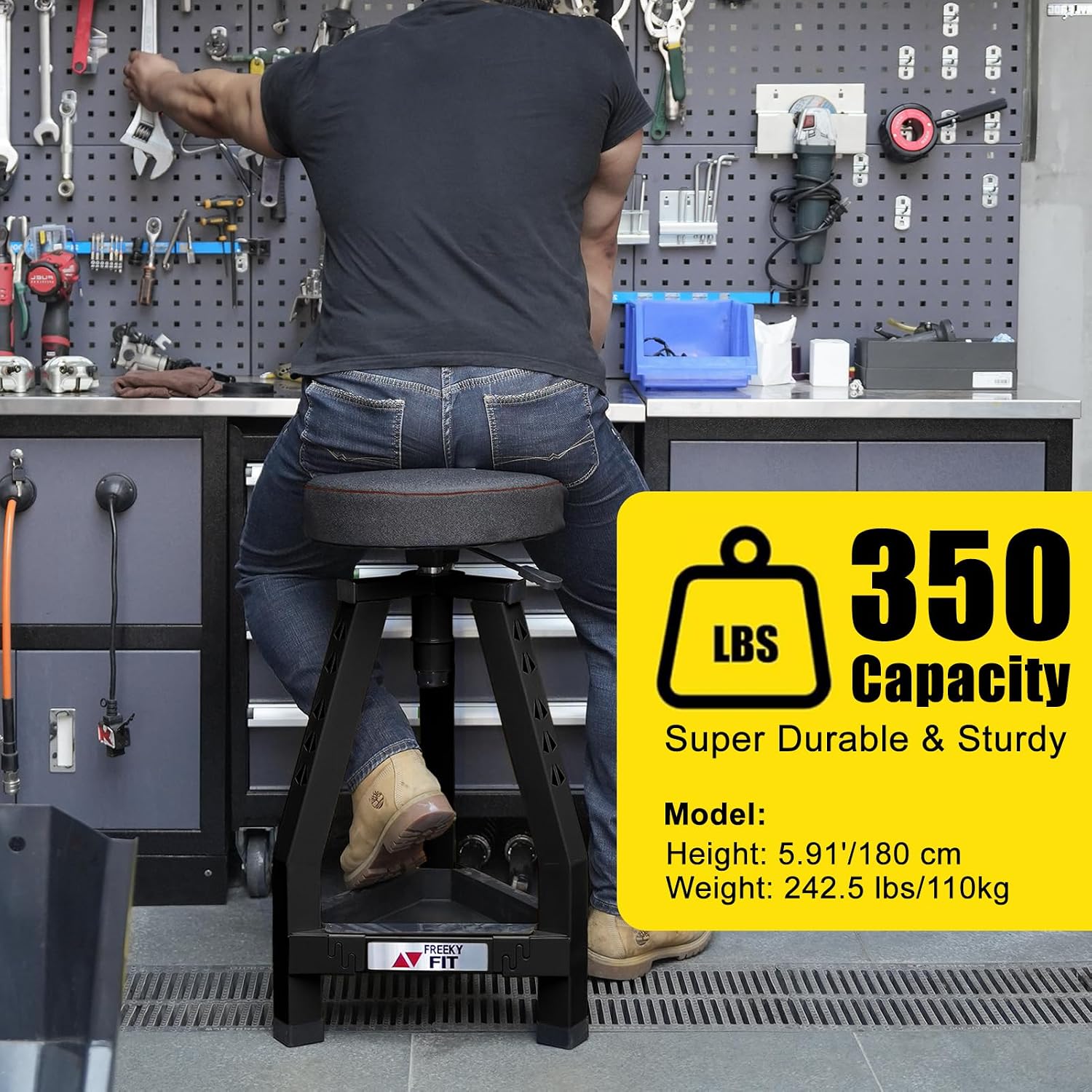 Adjustable Shop Stool,Garage Mechanic Stool Chair,Work Seat for Workshop, Adjustable Height, 360° Swivel Padded Square Seat,Tool Storage, 350 LBS Capacity, Heavy Duty, Blue