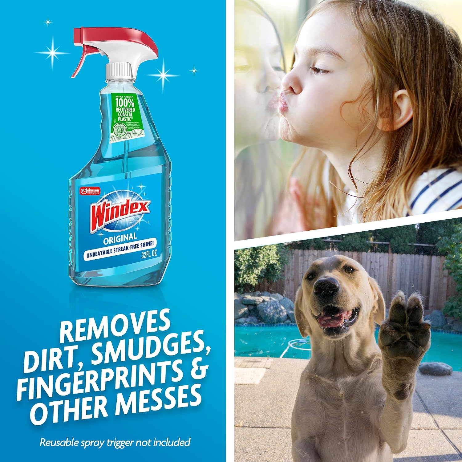 Windex refill glass and window cleaner, made from 100% recycled plastic, surface cleaning spray, original blue scent, 2L (67.6 fl oz)