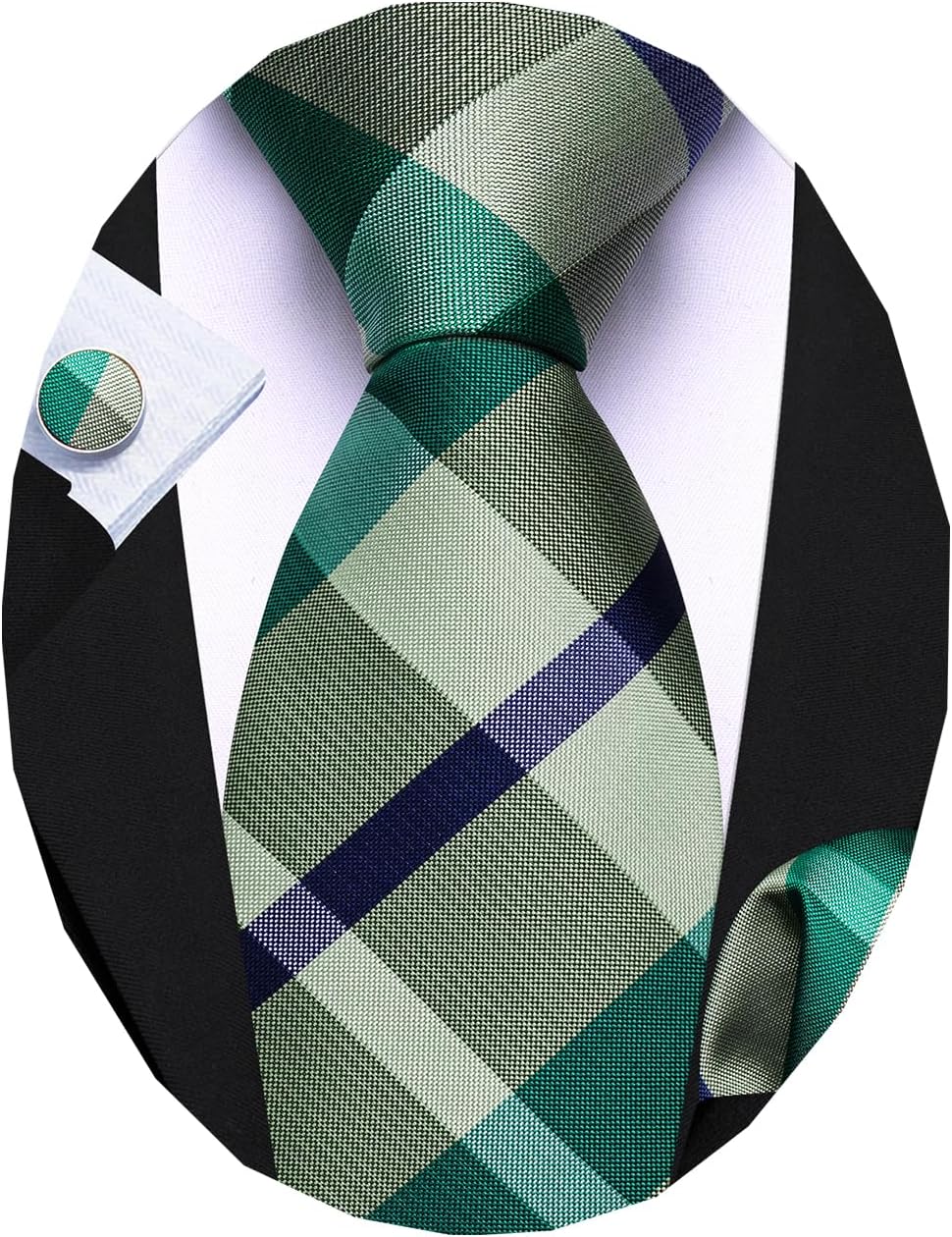 Barry.Wang Plaid Ties for Men Silk Necktie Handkerchief Cuff Links Set