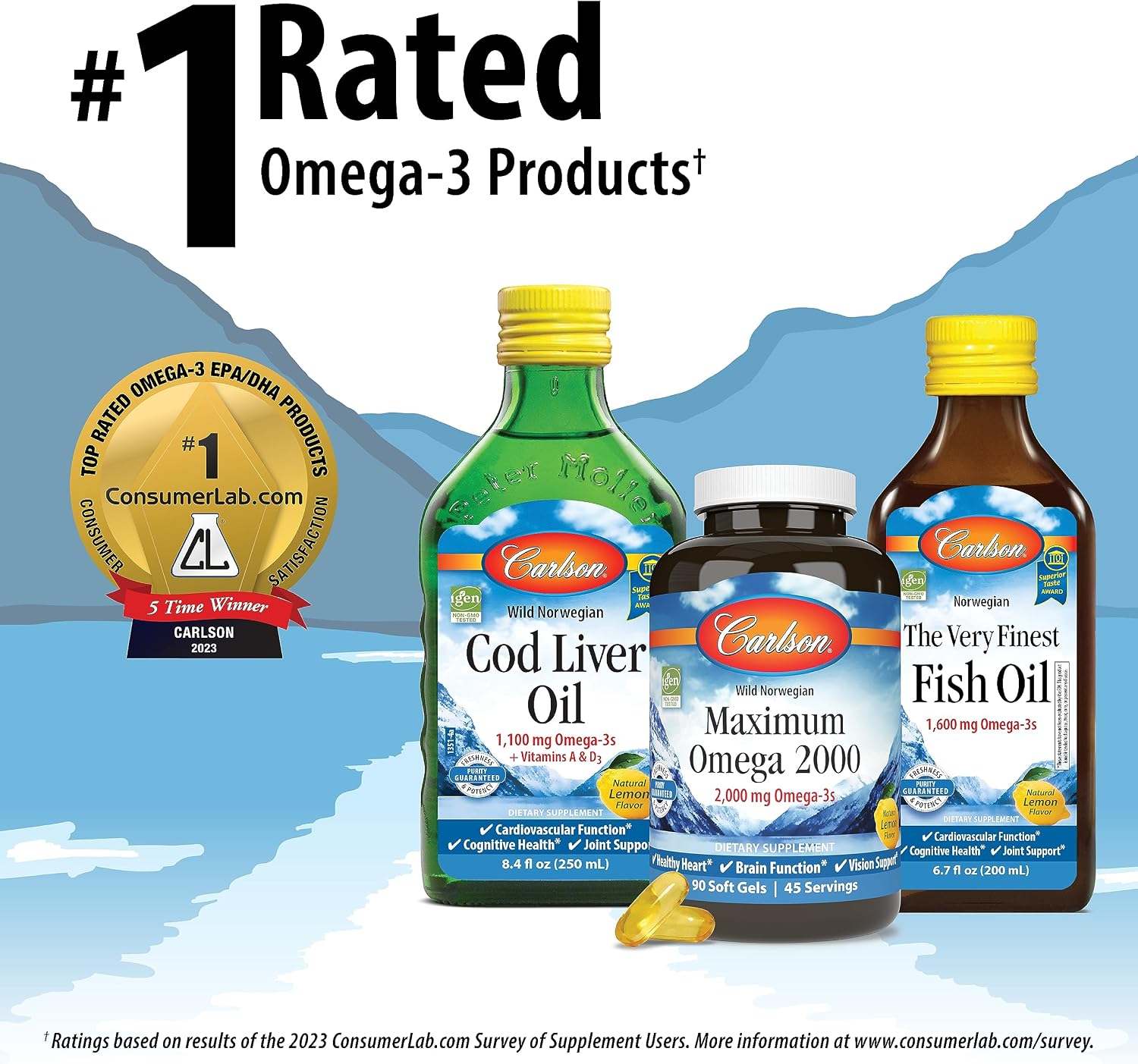 Carlson Maximum Omega 2000, 2000 mg, Wild-Caught, Lemon, 60 Softgels | Omega-3 Fatty Acids Including EPA and DHA; Norwegian Fish Oil Supplement; Sustainably Sourced Fish Oil Capsules