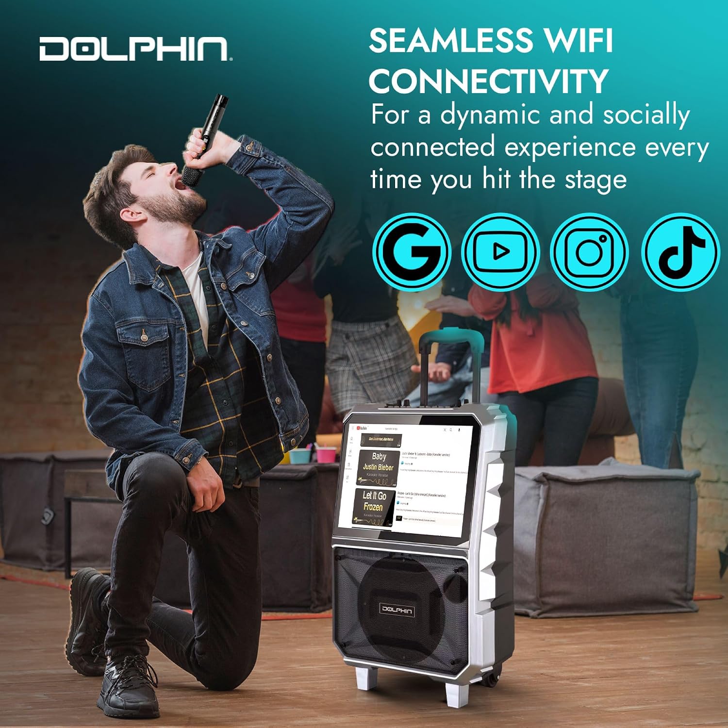 Dolphin KB-85R Karaoke Machine with Wireless Microphone, 8" Woofer | 14" Tablet, 100W RMS, 5400mAh Battery, Bluetooth, HDMI Output, USB, SD, FM