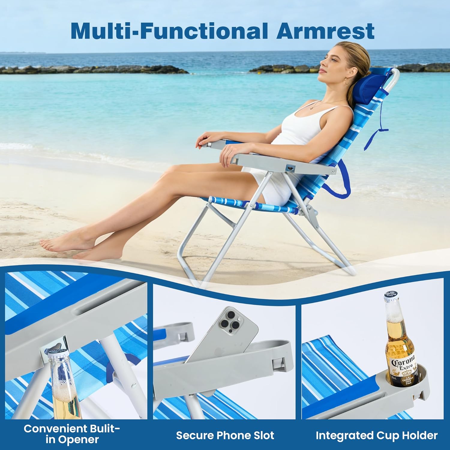 SUNNYFEEL Oversized Tall Folding Beach Chair Lightweight, 17" Portable Sand Chair for Adults Heavy Duty 500 LBS with Cup Holders