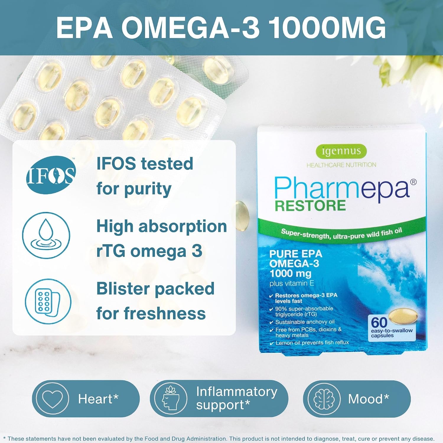 Igennus Pharmepa Restore Pure EPA 1000mg Omega 3, 60 Softgels | IFOS-certified 90% concentrated rTG omega 3 wild fish oil for high absorption; triple-strength, ultra-pure and DHA-free