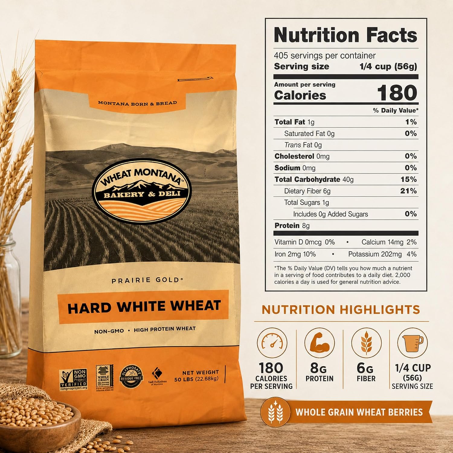 Wheat Montana: Prairie Gold: Wheat Berries - 50 lb Bulk Bag - 100% Whole Hard White Spring Wheat, Non-GMO, No Glyphosate, Milling, Bread & Baking