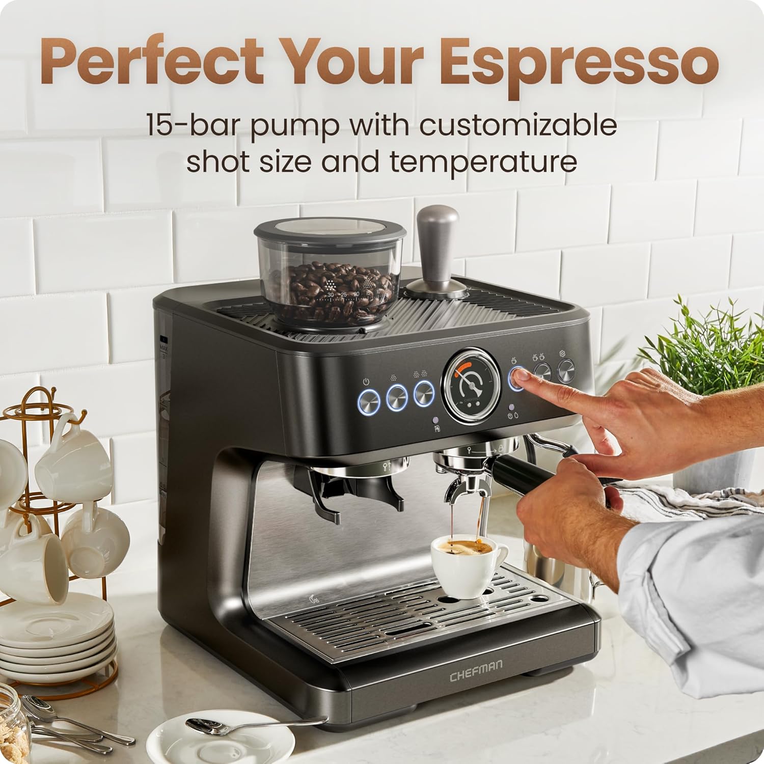 Chefman 6-in-1 Espresso Machine with Built-In Milk Frother, 15-BAR Pump, Digital Display, One-Touch Single or Double Shot for Cappuccinos and Lattes