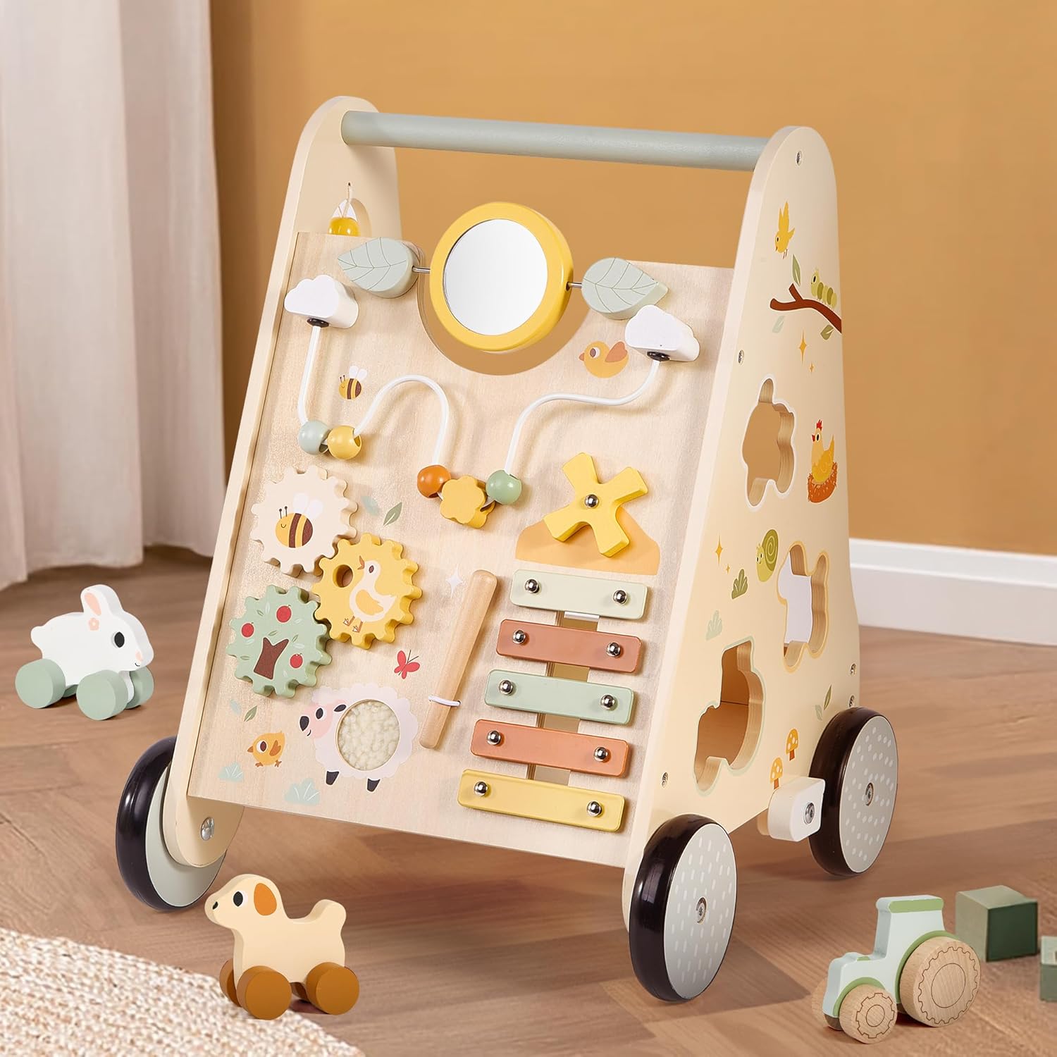 Pithfor Wooden Baby Push Walker, Baby Walker with Activity Center for Girls Boys