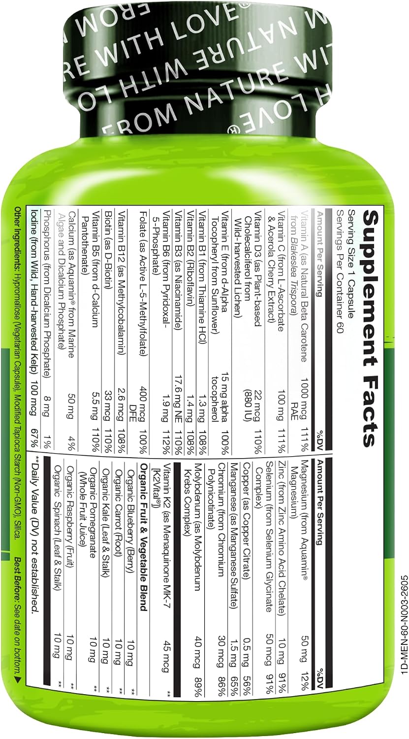 NATURELO Multivitamin for Men - One Daily, 60 Vegetarian Capsules | Vitamins, minerals & organic whole foods, non-GMO