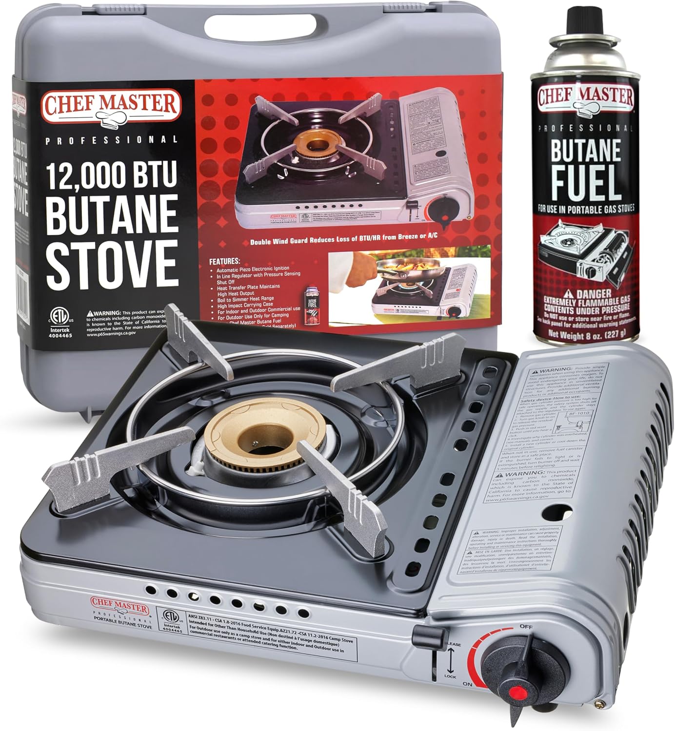 Chef Master 12,000 BTU Portable Butane Stove - Gas Burner for Camping & Outdoor Cooking - Countertop Cooktop with Carry Case, Wind Guard & Electronic Ignition - Portable Cooker & Burner Stove – 90235