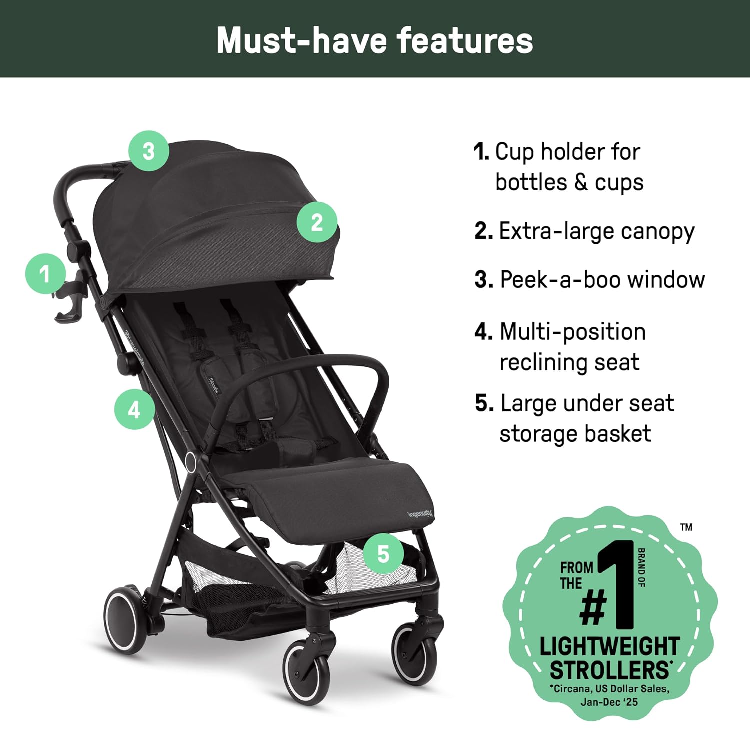 Ingenuity 3D Travelmate Pro Lightweight Travel Stroller with Fold-Away Ride-On Board for Toddlers, Airplane Overhead Bin Compatible, Car Seat Ready, One-Hand Fold
