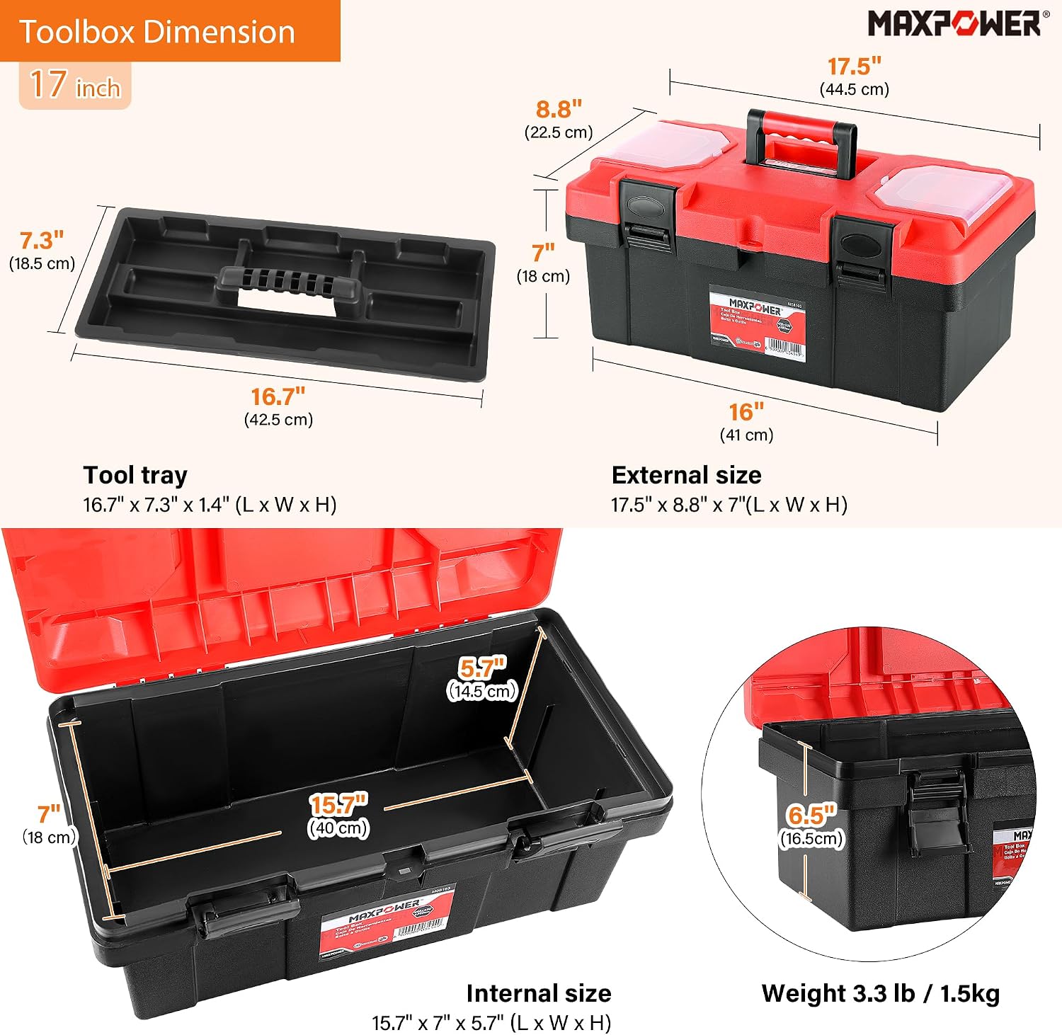 MAXPOWER Small Tool Box, 14-inch Plastic Tool Boxes with Handle | Removable Tray with Dual Lock Secured, Red Toolbox for Home