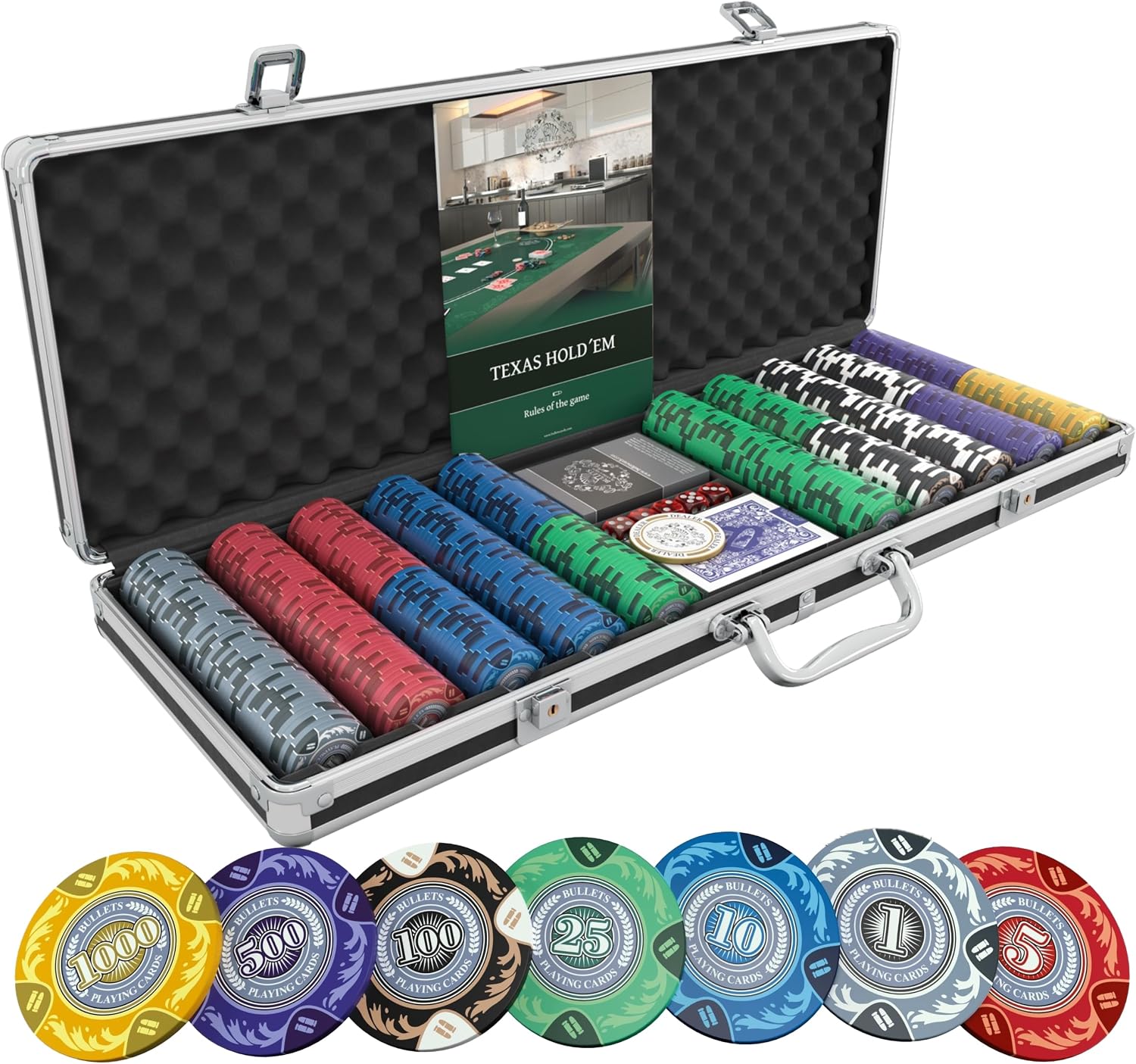 Bullets Playing Cards | Poker Set Corrado | 500 Clay Poker Chips (14 g) with Aluminum Case & Playing Cards – Texas Hold’em